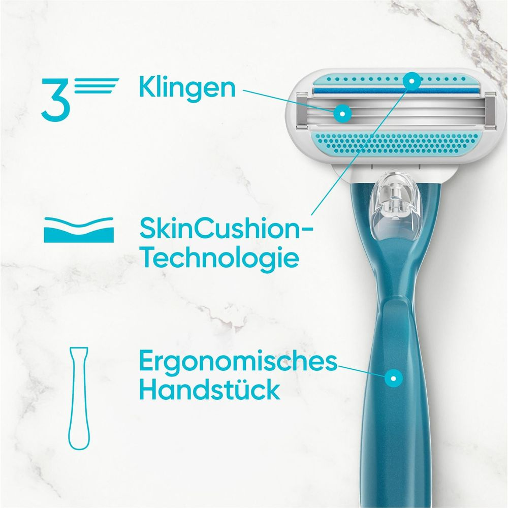 Ein blauer Rasierer mit 3 Klingen, SkinCushion-Technologie und ergonomischem Griff.