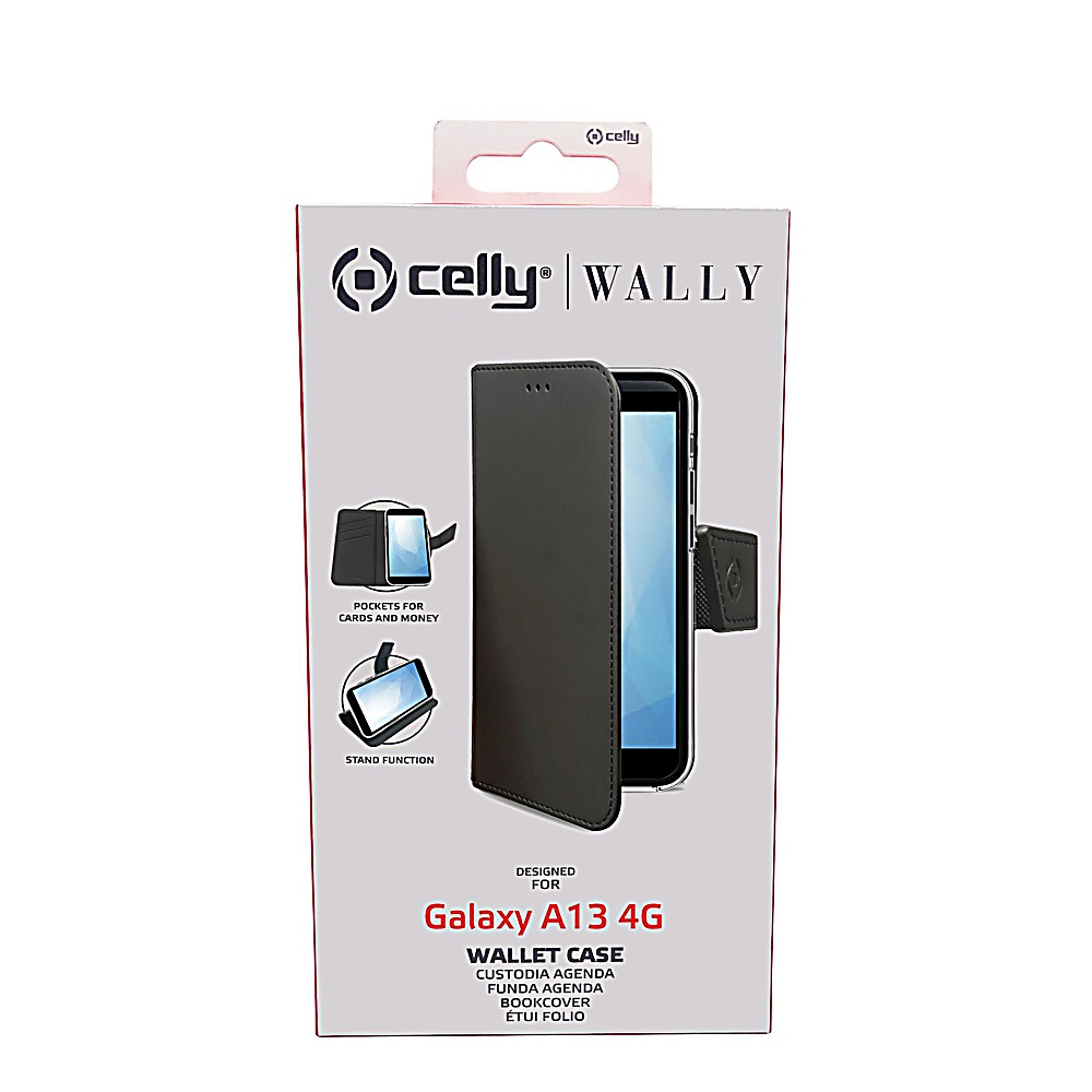 Confezione di una custodia a portafoglio nera per Galaxy A13 4G.