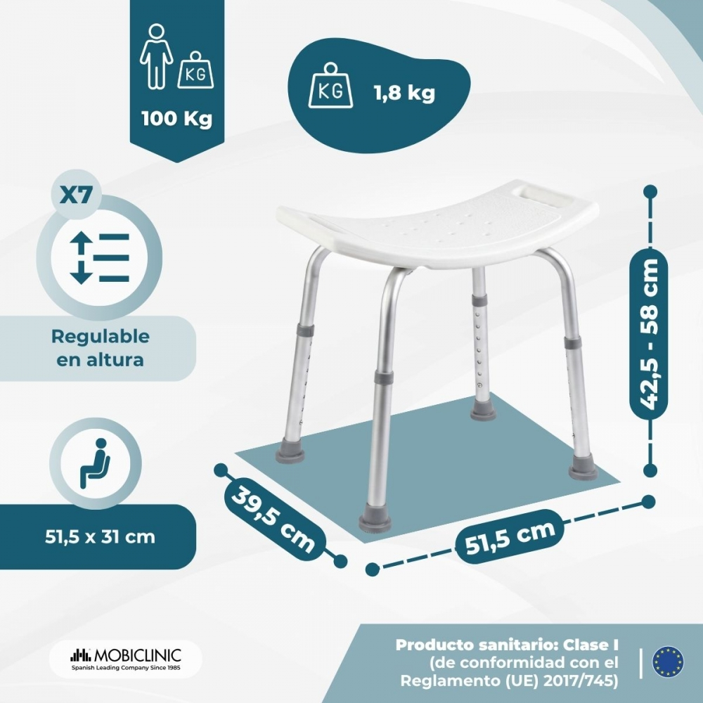 Taburete de ducha regulable en altura. 100 kg capacidad.