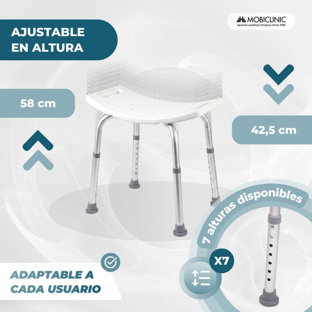 Asiento de ducha ajustable en altura con asiento de plástico blanco y patas de aluminio.