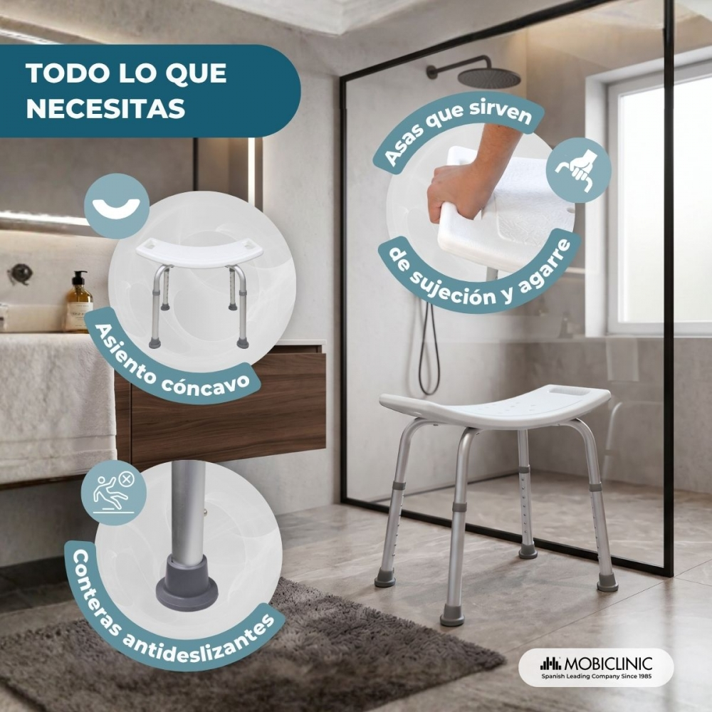 Un taburete de ducha con patas ajustables y pies antideslizantes en un baño.