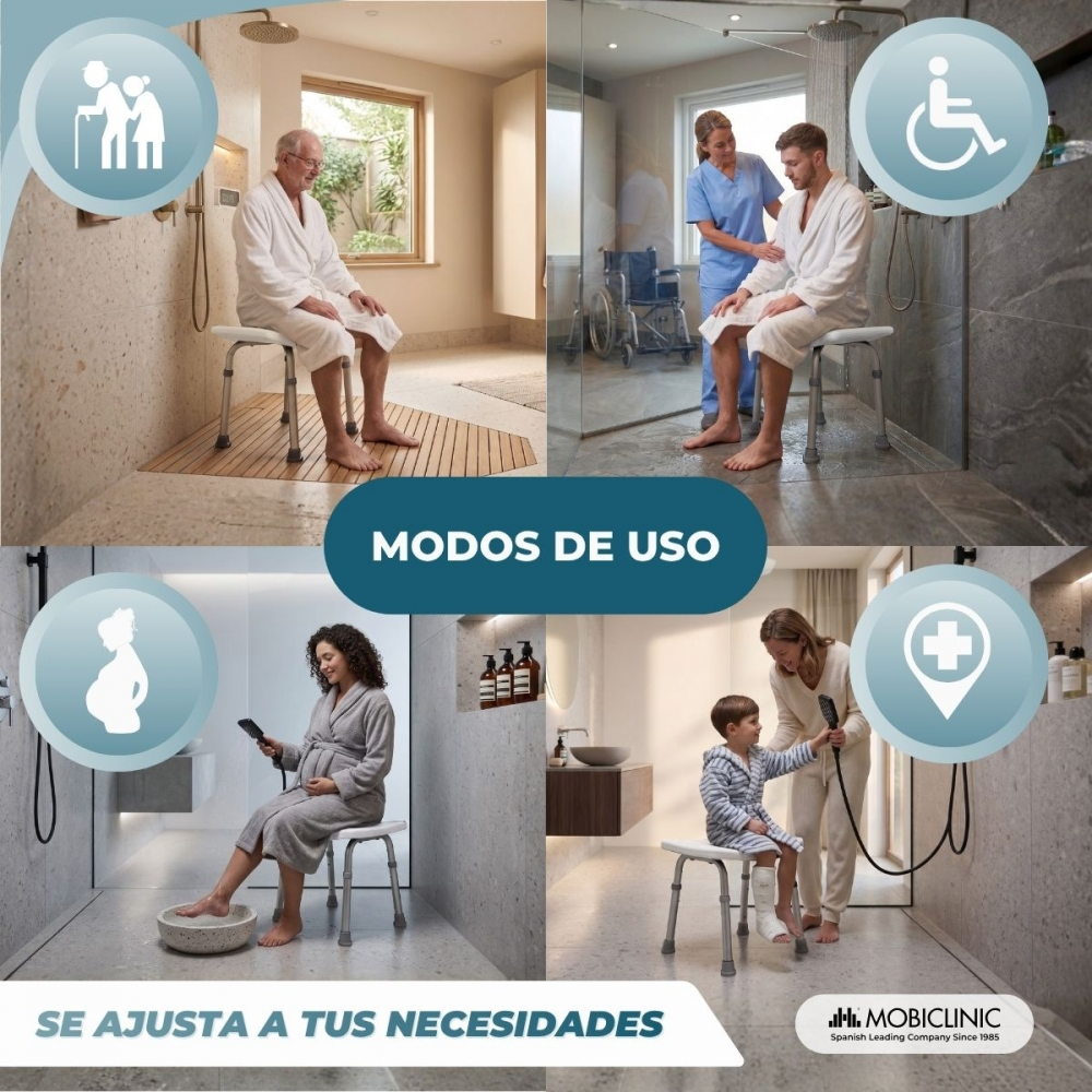 Cuatro escenas muestran ayudas para ducha de mayores, discapacitados, embarazadas y niños.