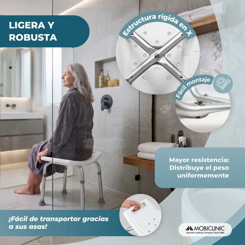 Mujer mayor sentada en taburete de ducha en baño. 'Ligero y robusto.'