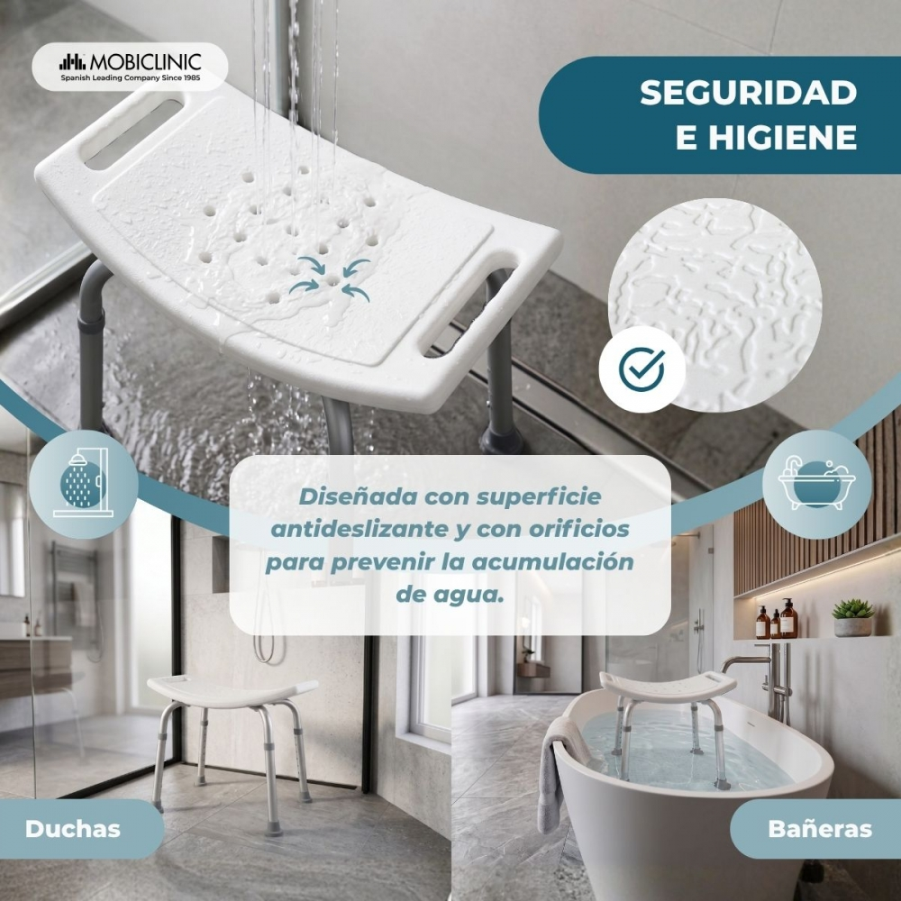 Asiento de ducha antideslizante con orificios para desagüe.