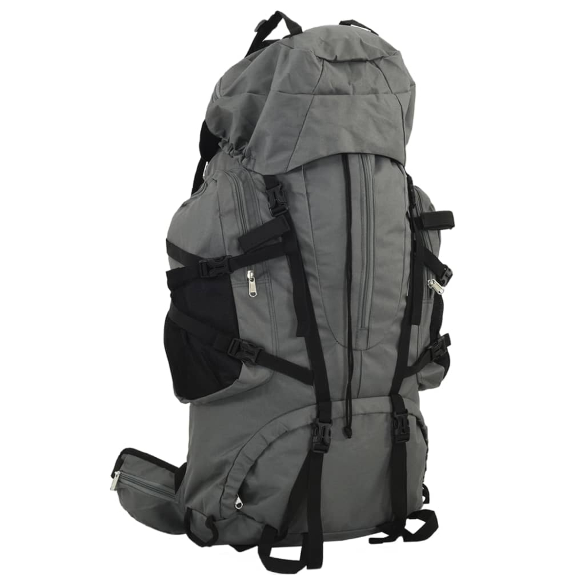 Ein großer grauer Rucksack mit schwarzen Schnallen und Reißverschlüssen.