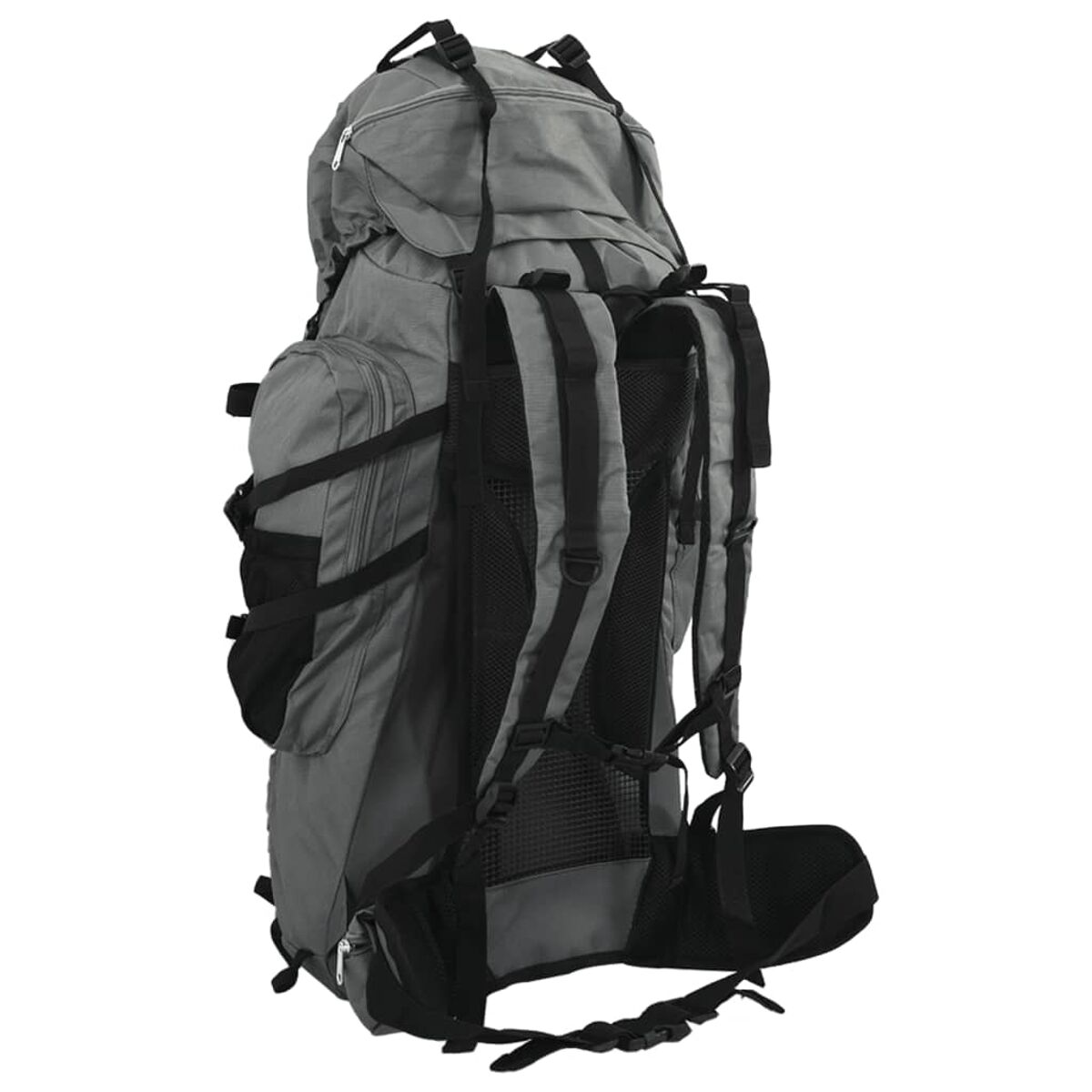 Ein großer grauer Rucksack mit schwarzen Gurten und Netzpolstern, von hinten gesehen.