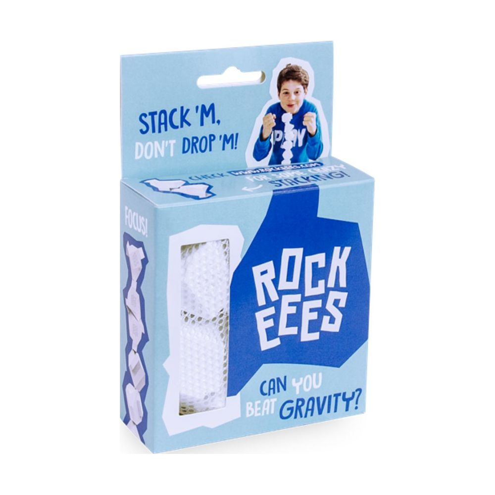 Boîte pour le jeu 'Rock Fees' montrant un garçon et des boules blanches empilées. Texte : Stack 'm, don't drop 'm!
