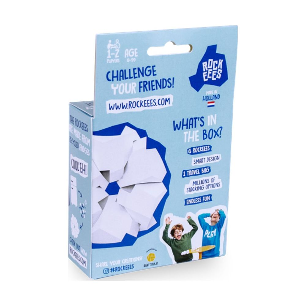 Emballage de blocs de construction Rockeees avec des enfants jouant et des informations sur le produit.