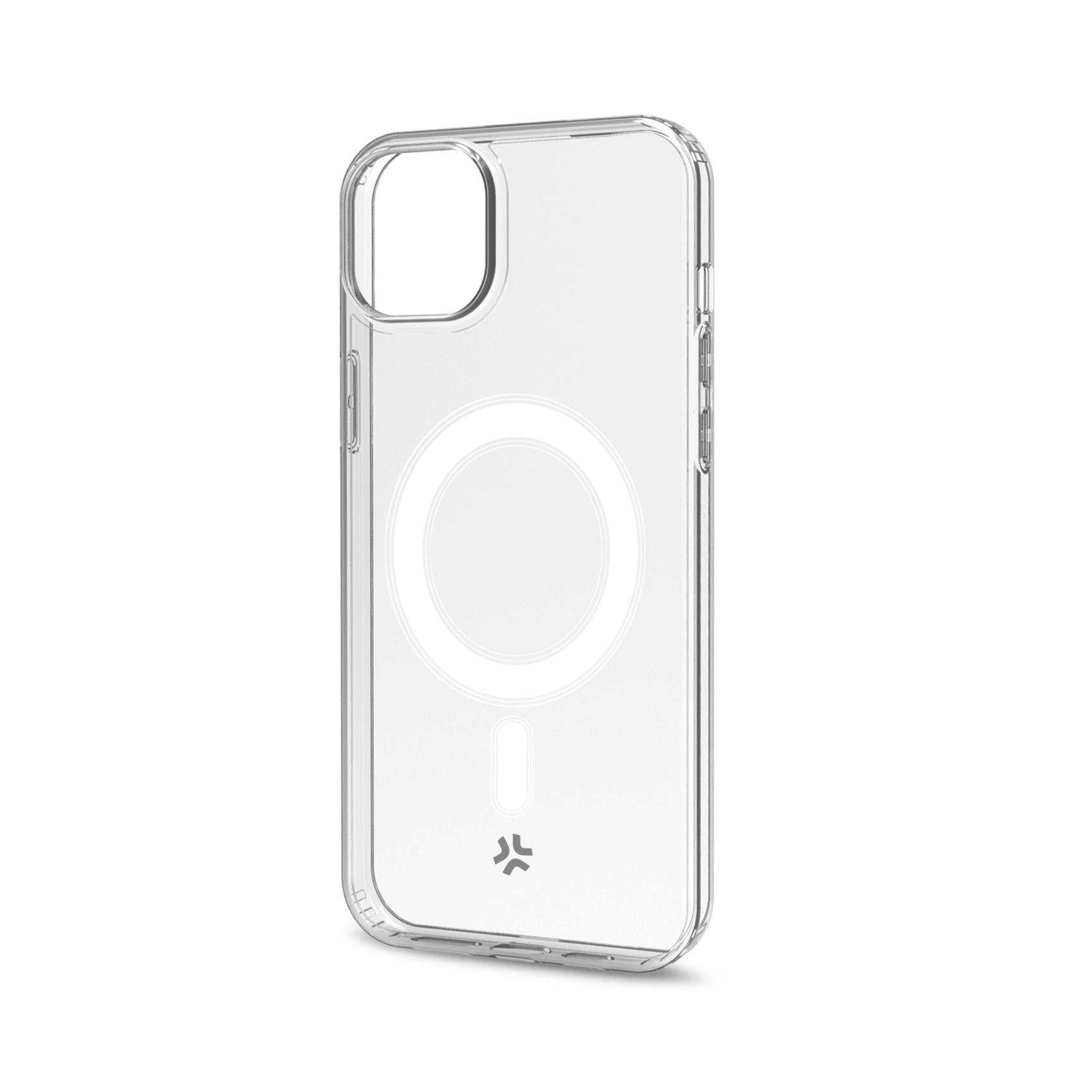Eine durchsichtige Hülle für ein iPhone mit MagSafe-Kreis und Logo.