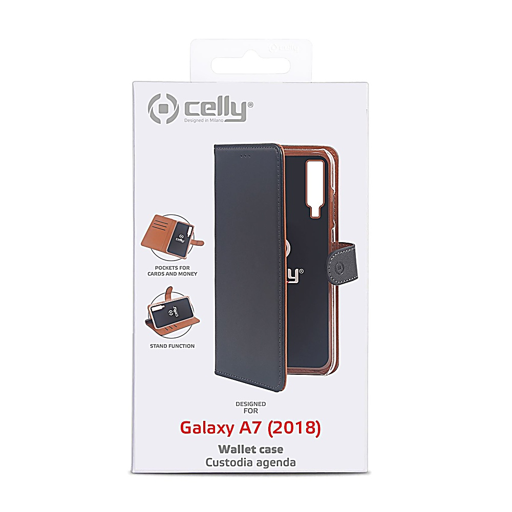 Confezione per una custodia a portafoglio Galaxy A7 (2018) con immagine della custodia aperta.