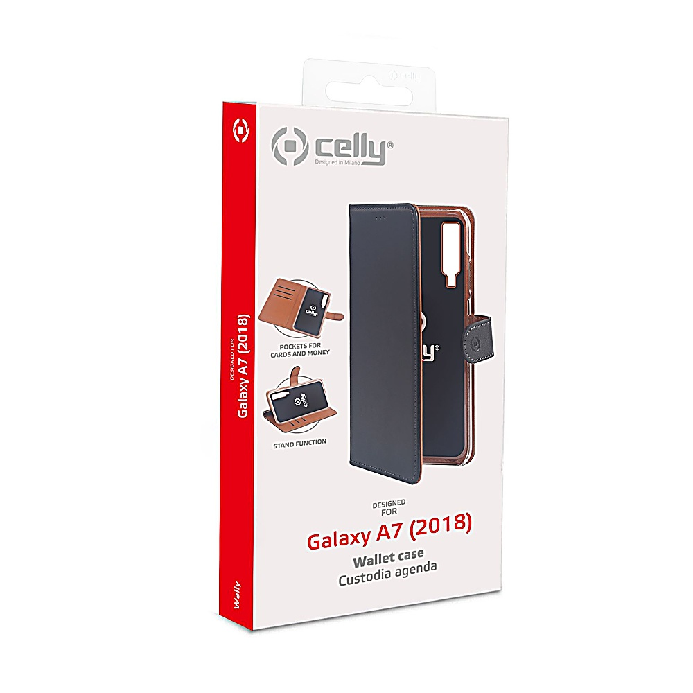 Confezione di una custodia a portafoglio Celly per Galaxy A7 (2018) con vani per telefono e carte.