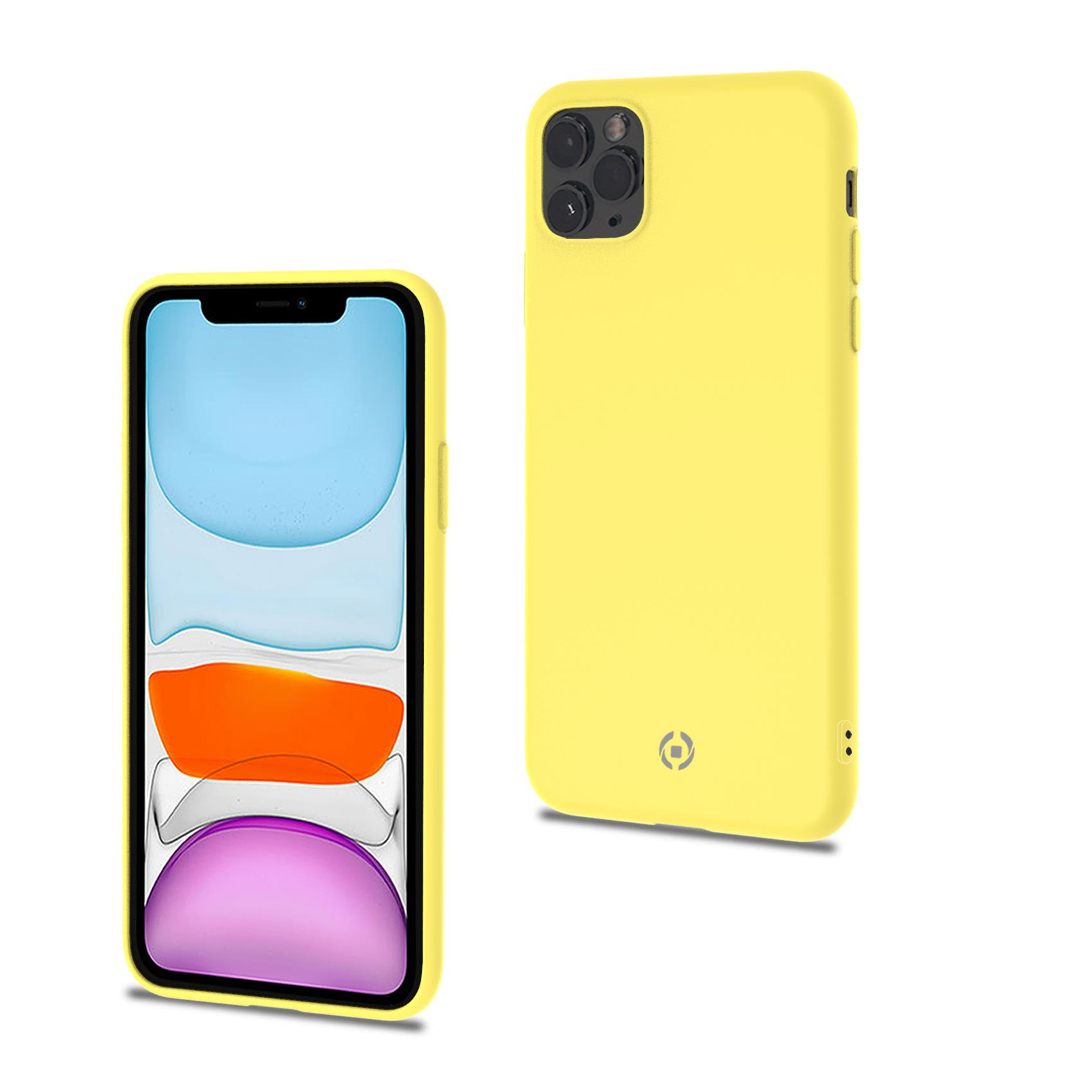 Ein gelbes iPhone-Case liegt neben einem iPhone mit bunter Bildschirmanzeige.