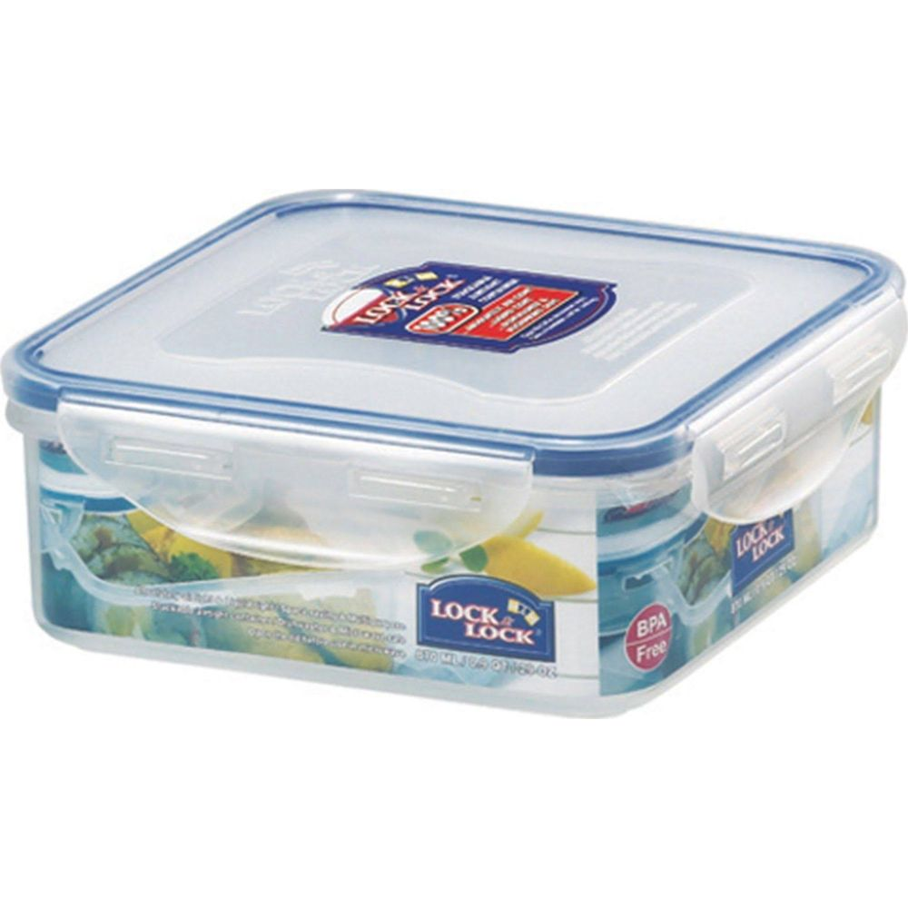Un contenitore rettangolare trasparente Lock & Lock con coperchio e chiusure blu.