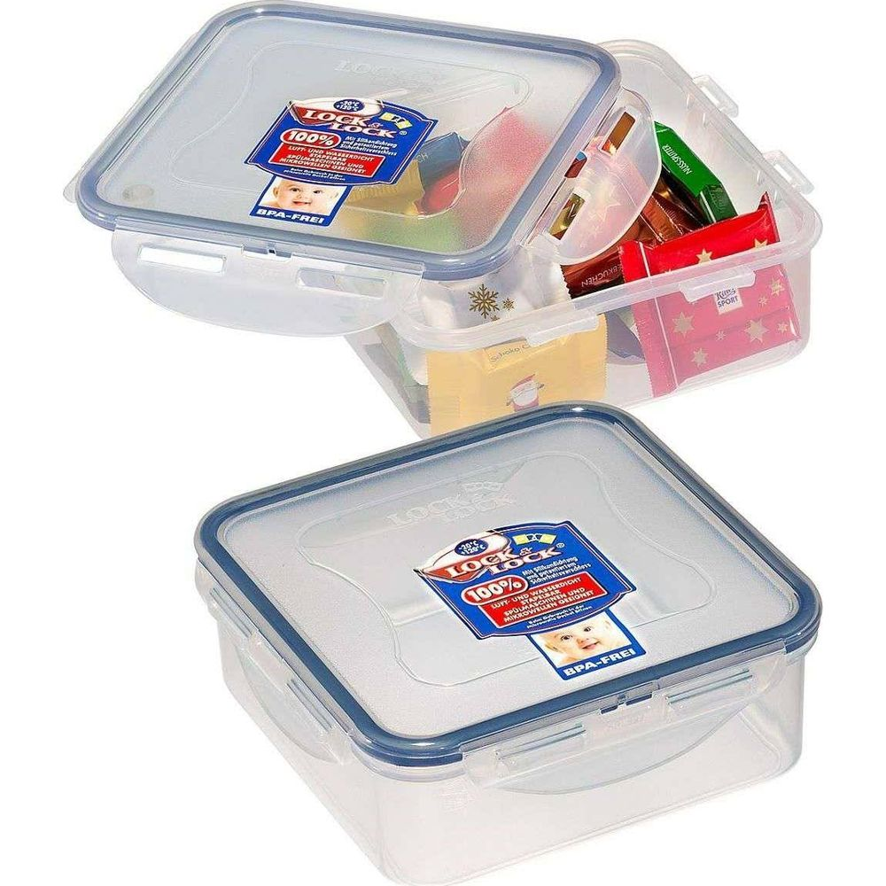 Due contenitori Lock&Lock trasparenti, uno pieno di snack, l'altro vuoto.