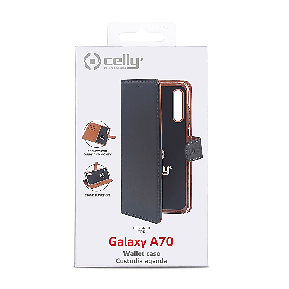 Verpackung für eine Galaxy A70 Wallet Hülle mit Kartenfächern und Standfunktion.