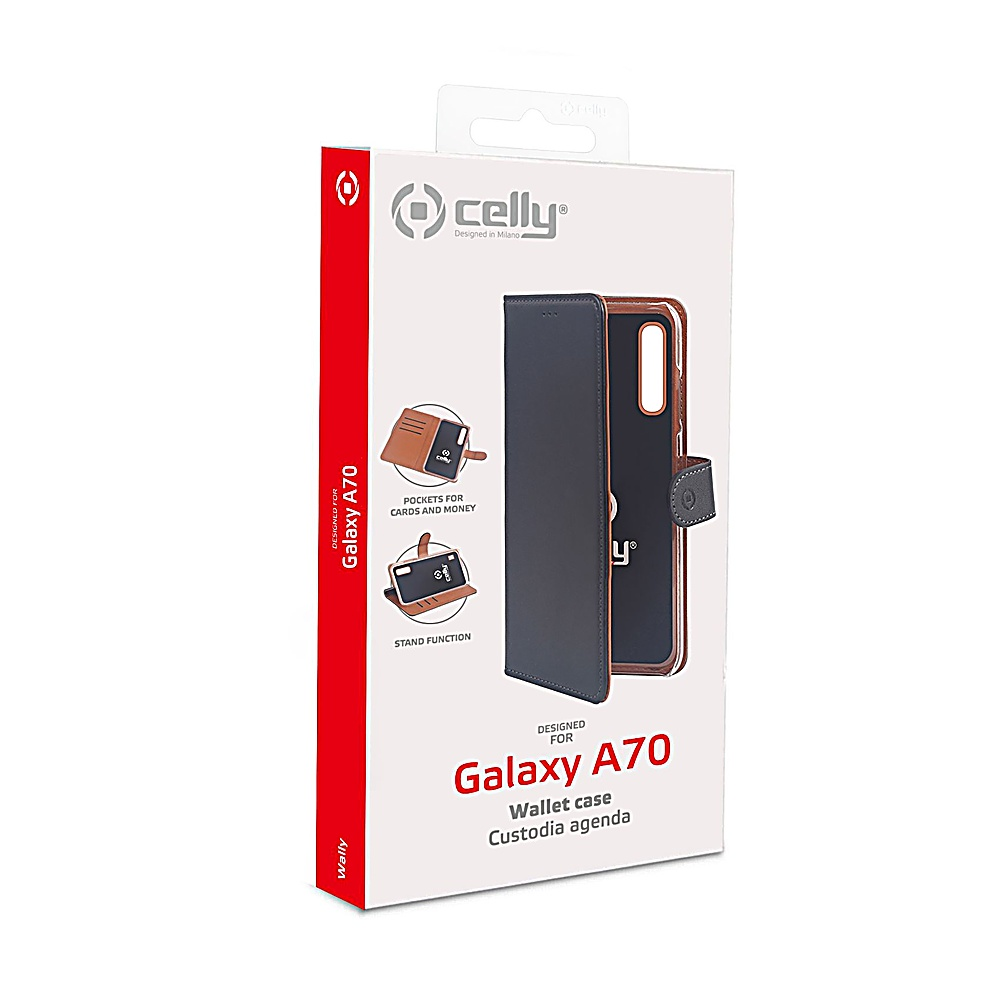 Celly Wallet Case für Samsung Galaxy A70, dunkelblau mit braunem Rand, in Box.