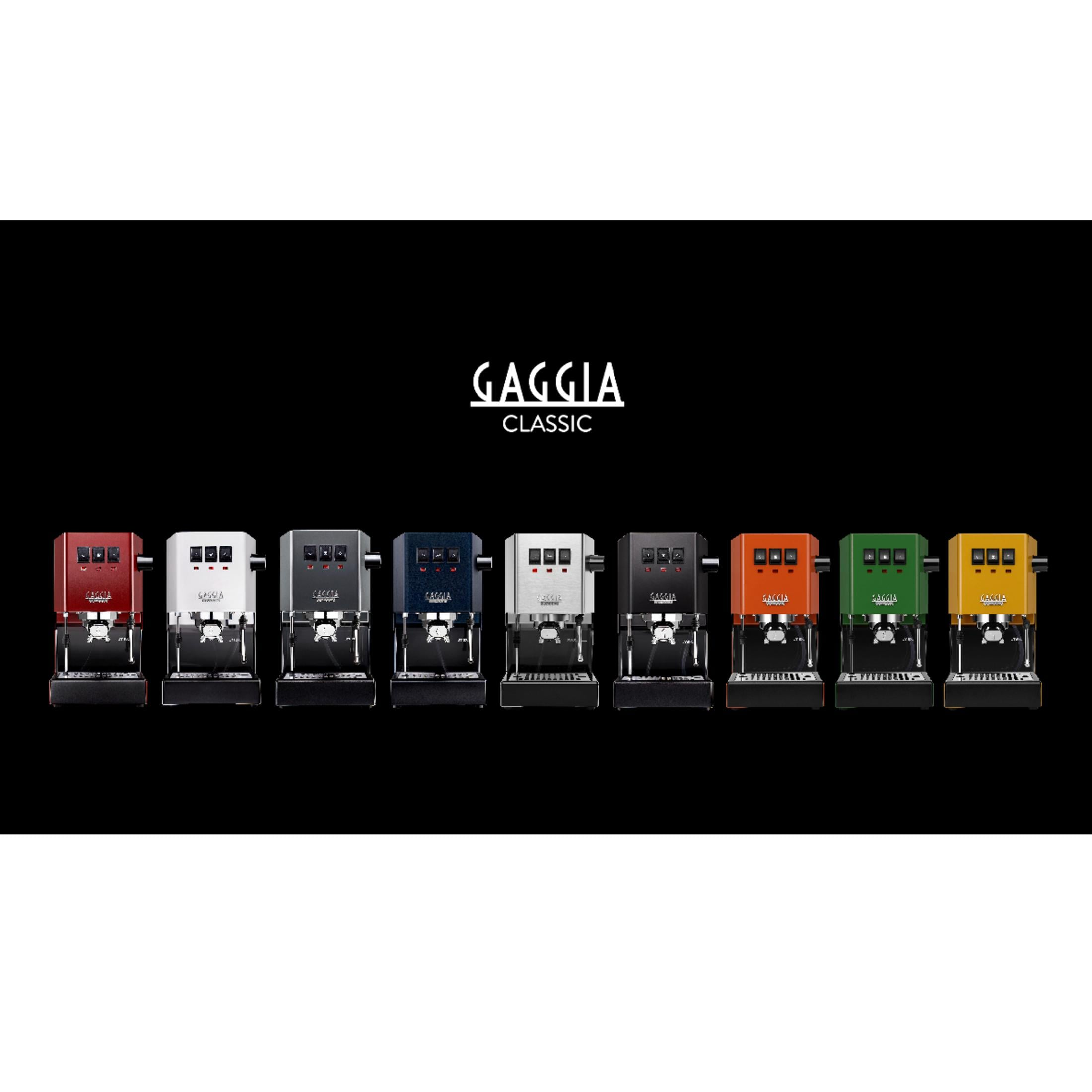 Gaggia Classic espressomachines in rood, wit, grijs, blauw, zilver, zwart, oranje, groen, geel.