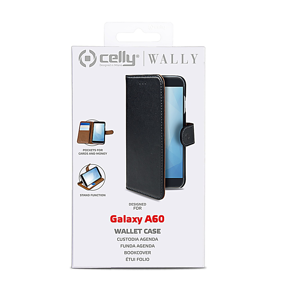 Confezione per custodia a libro nera per Galaxy A60 con illustrazioni.