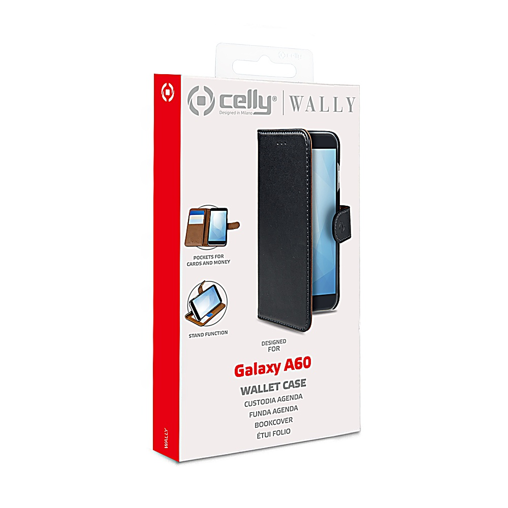 Custodia a portafoglio Celly Wally nera per Galaxy A60, con slot e supporto.