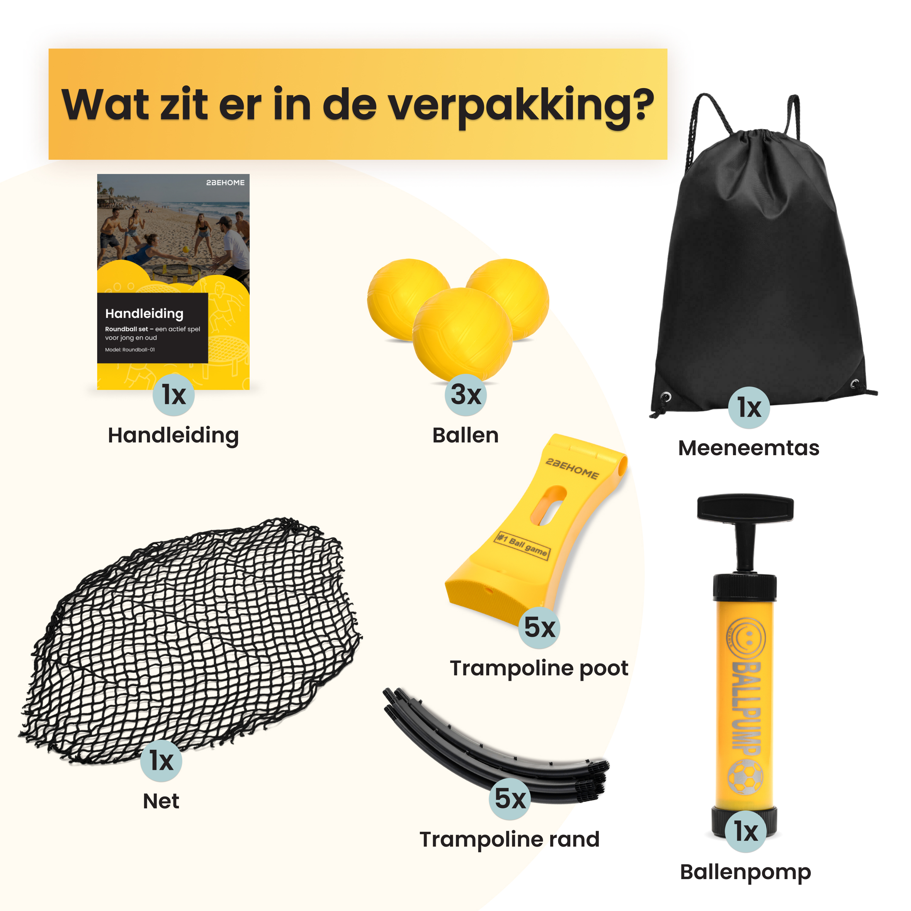 Ein Handbuch, 3 Bälle, 1 schwarze Tasche, 1 Netz, 5 Teile Trampolinrand, 5 Trampolinpfosten, 1 Ballpumpe.