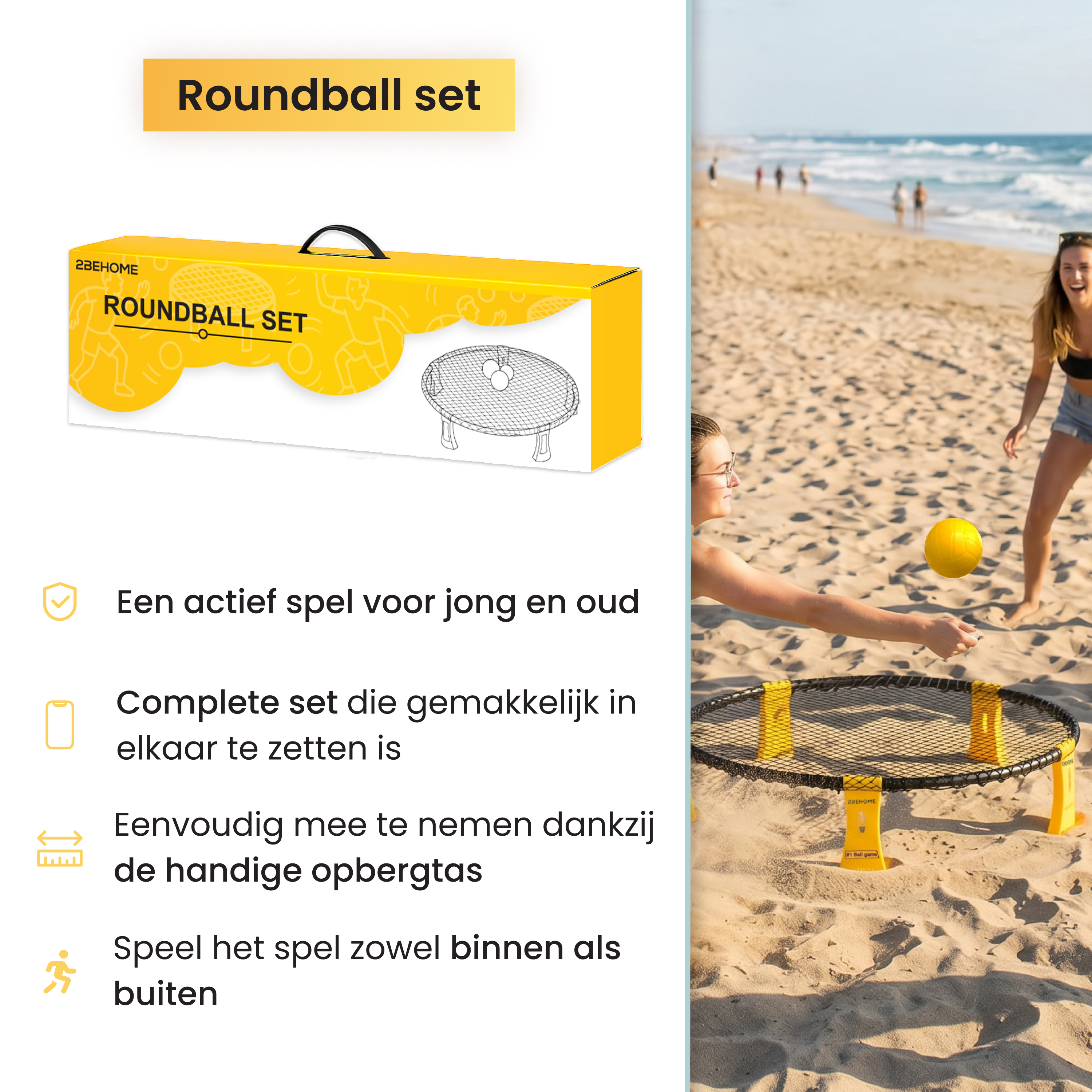 Zwei Frauen spielen Roundball auf einem Sandstrand mit dem Meer im Hintergrund.