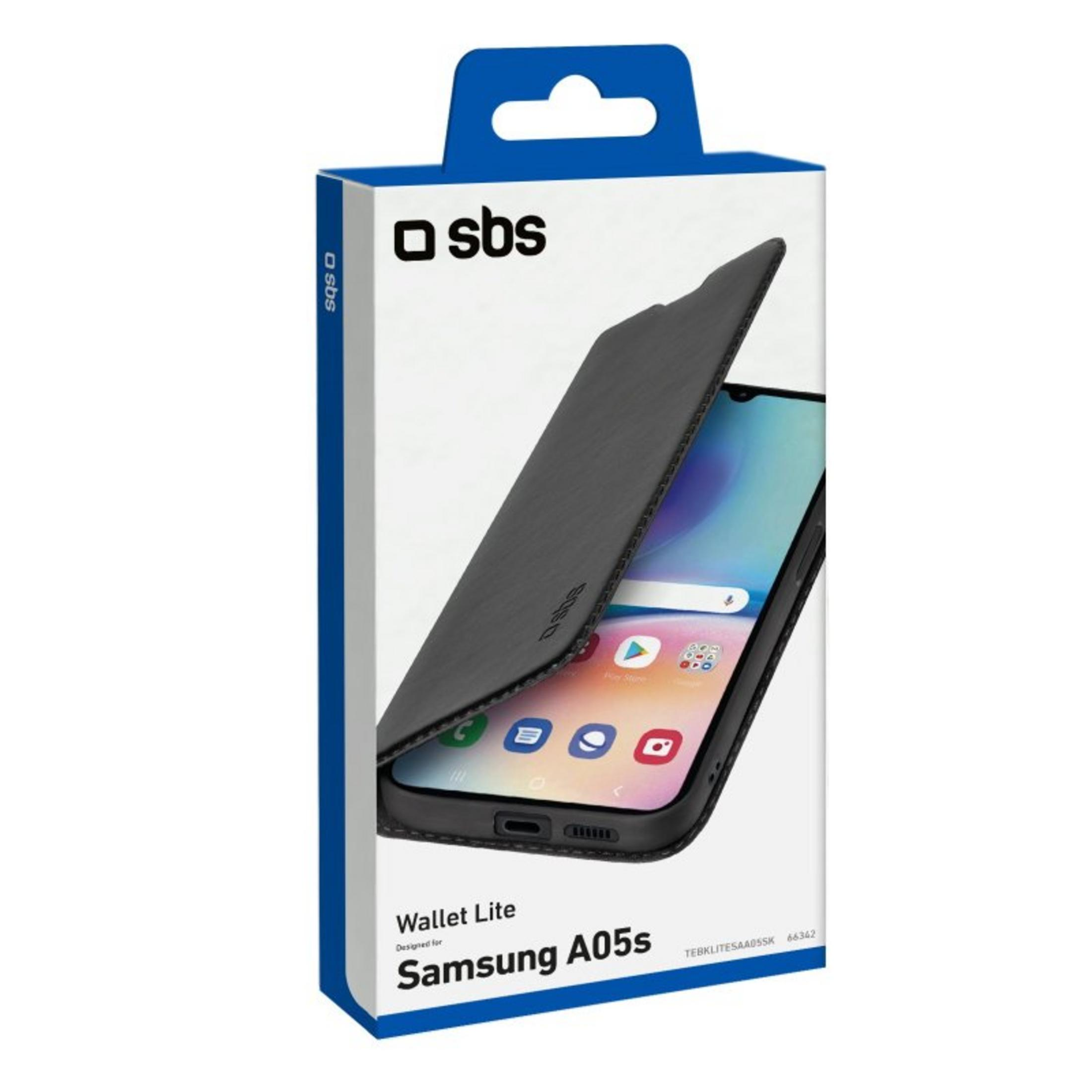 SBS Wallet Lite Hülle für Samsung A05s auf weißem Karton.