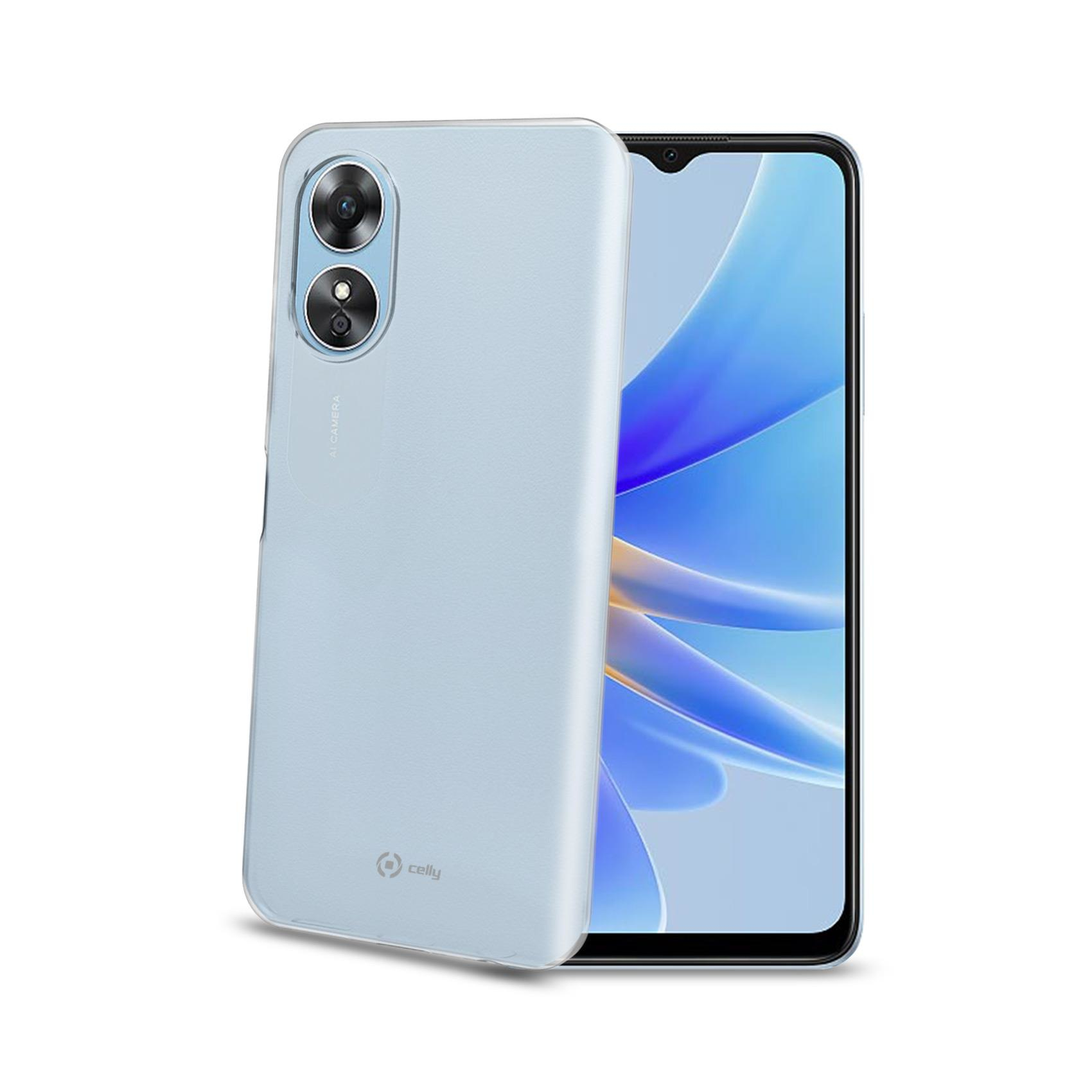 Ein hellblaues Handy mit einer transparenten Hülle, die die Kamera zeigt.