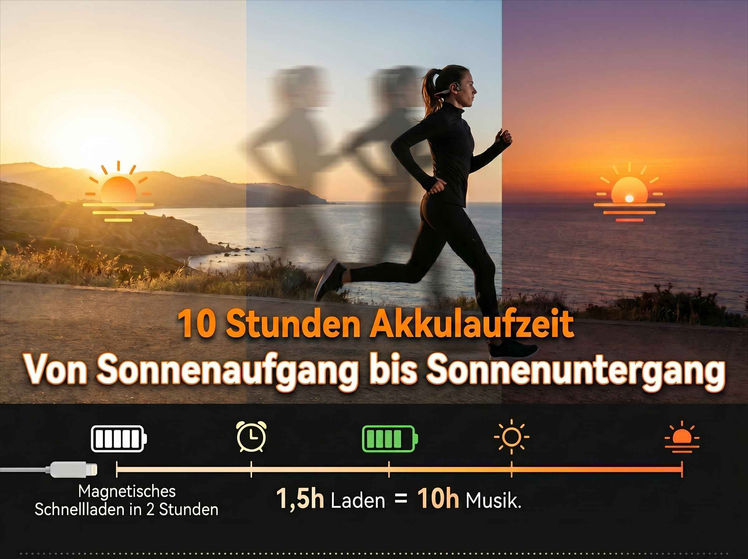 Läuferin im Sonnenaufgang/Sonnenuntergang mit Akkulaufzeit-Info.