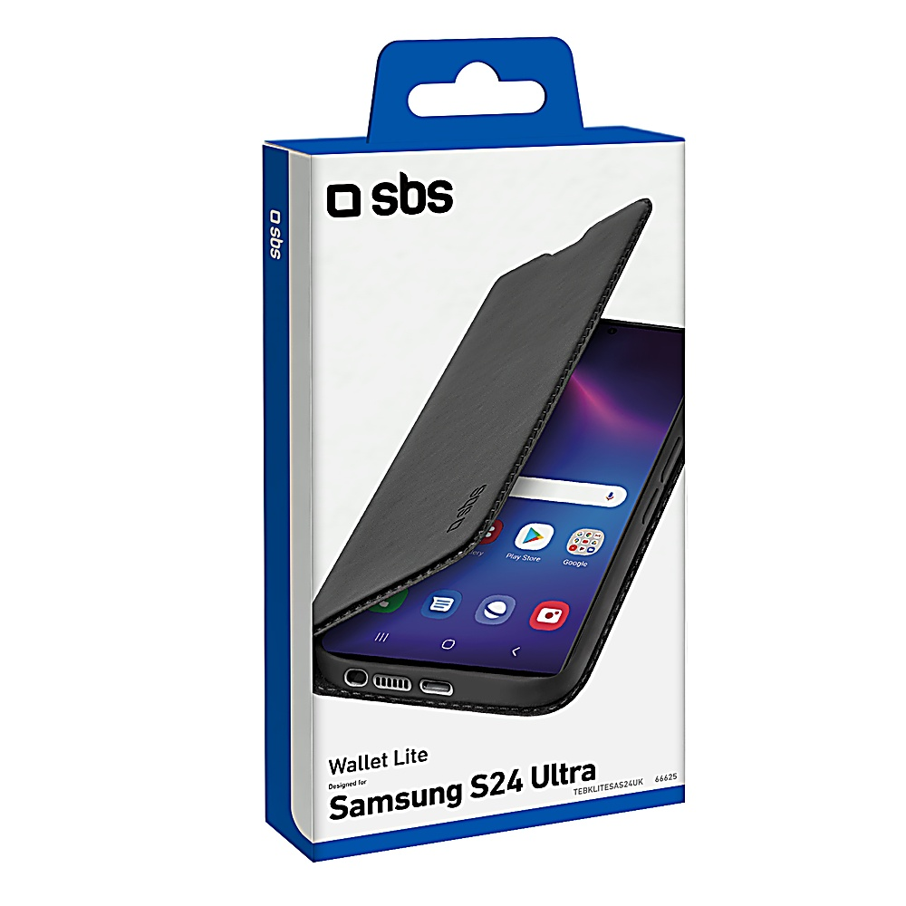 Verpackung für eine Samsung S24 Ultra Wallet Lite Hülle mit offenem Klappdeckel.