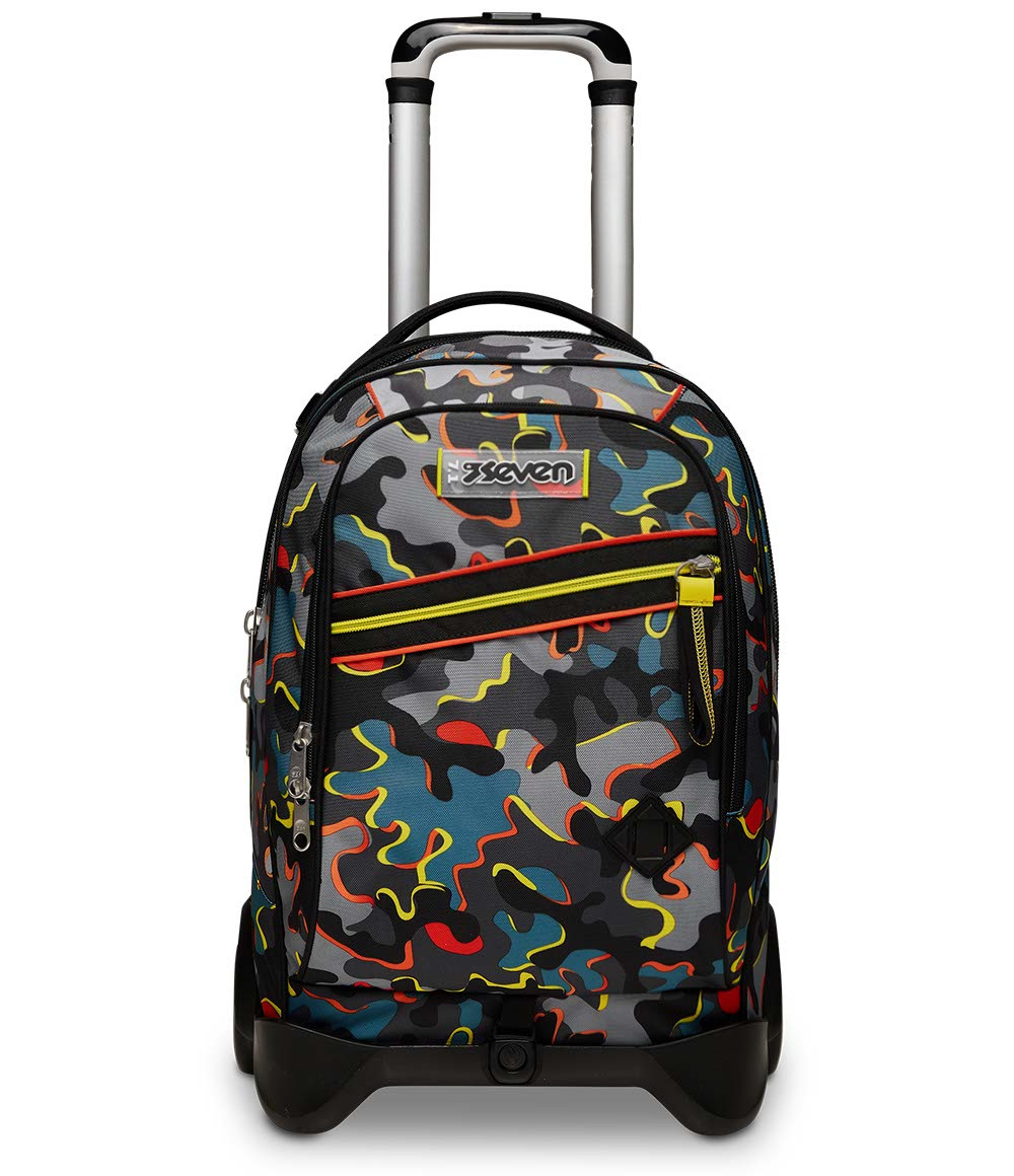Ein grauer Rucksack mit Rollen und einem Tarnmuster in Blau, Rot und Gelb.