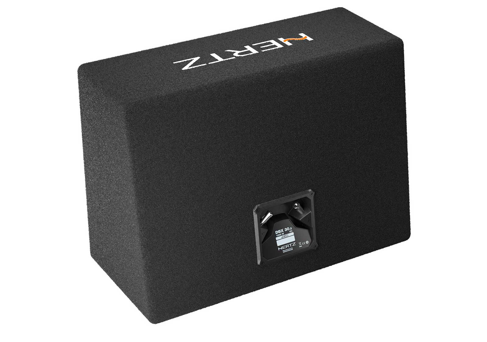 Schwarzer Hertz-Subwoofer mit weißem Logo oben. An der Seite befindet sich eine schwarze Anschlussplatte.