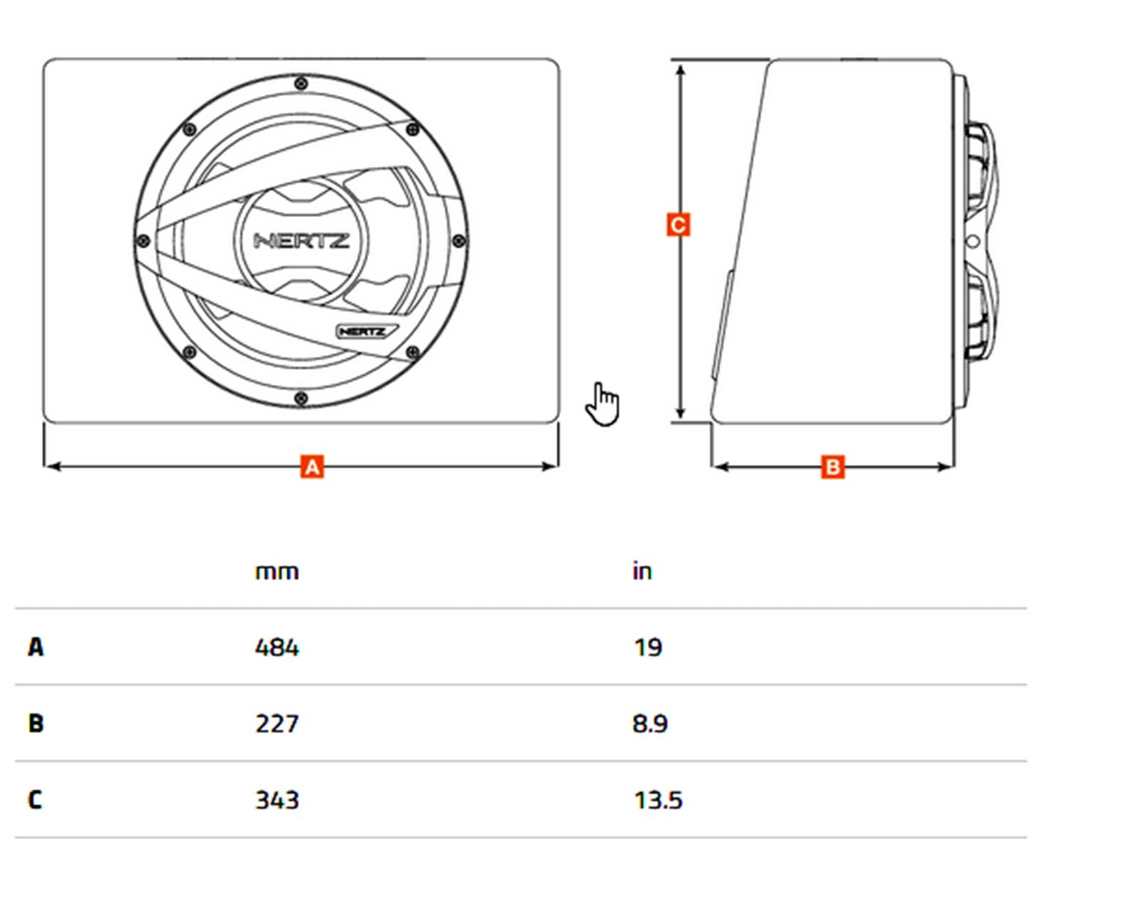 Technische Zeichnung eines Lautsprechers mit Maßen A, B und C.
