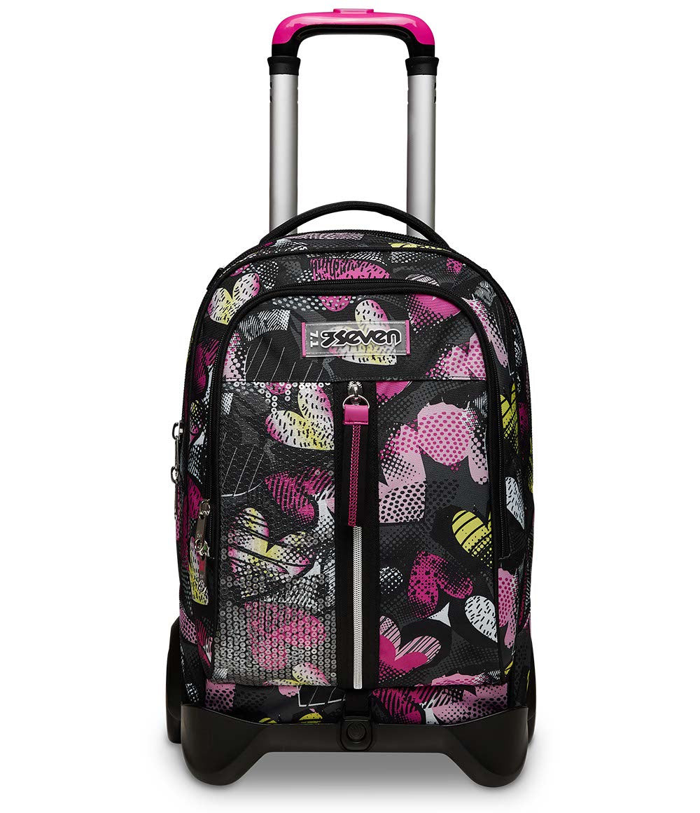 Zaino nero con rotelle, stampa a cuori rosa e gialli.
