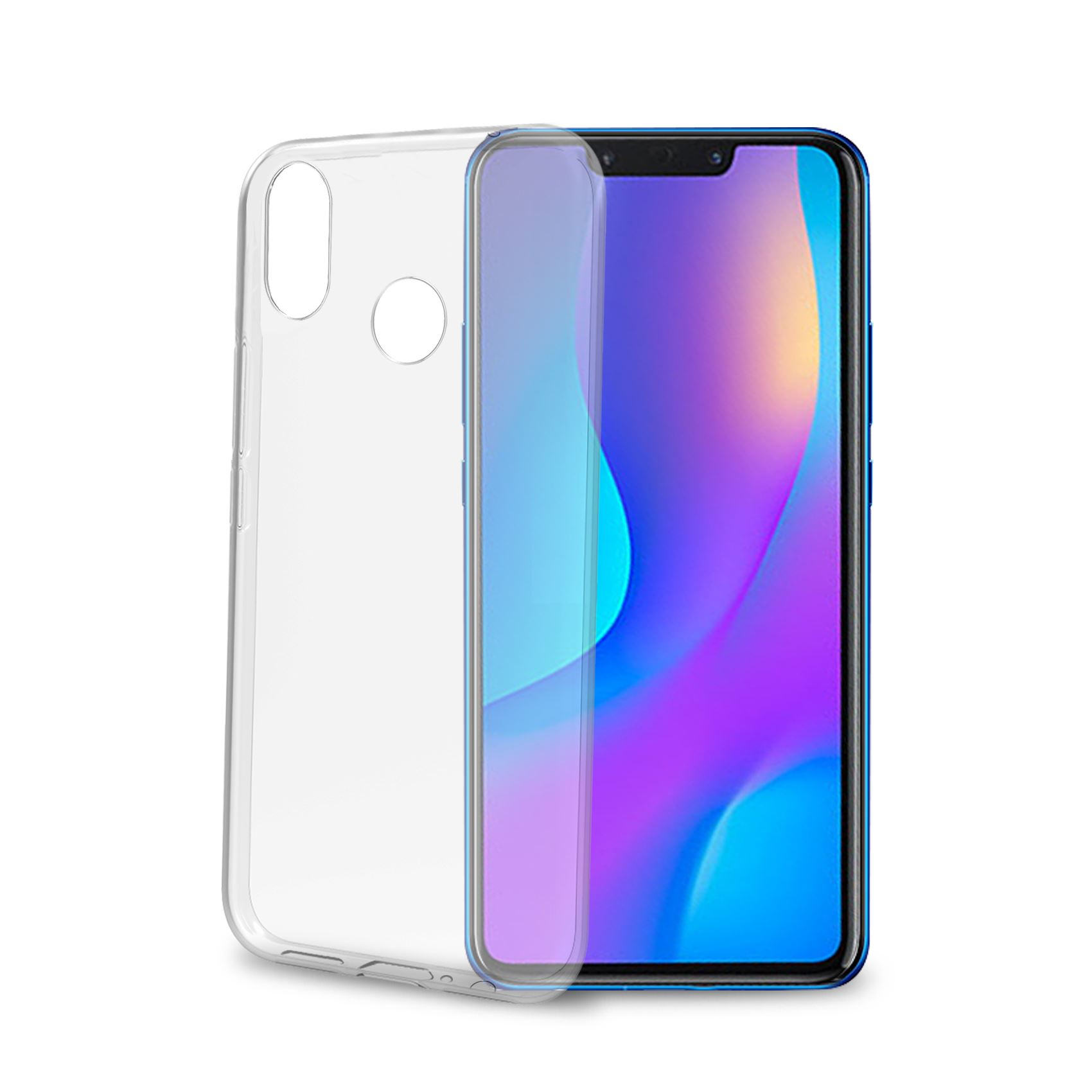Ein durchsichtiger Handyhülle liegt neben einem Smartphone mit buntem Bildschirm.
