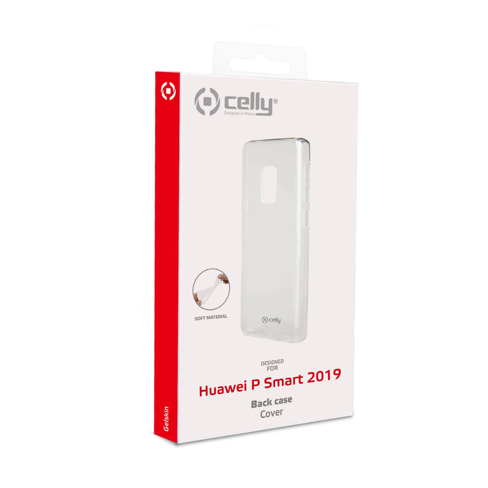 Verpackung für eine durchsichtige Huawei P Smart 2019 Hülle, mit Celly-Branding.
