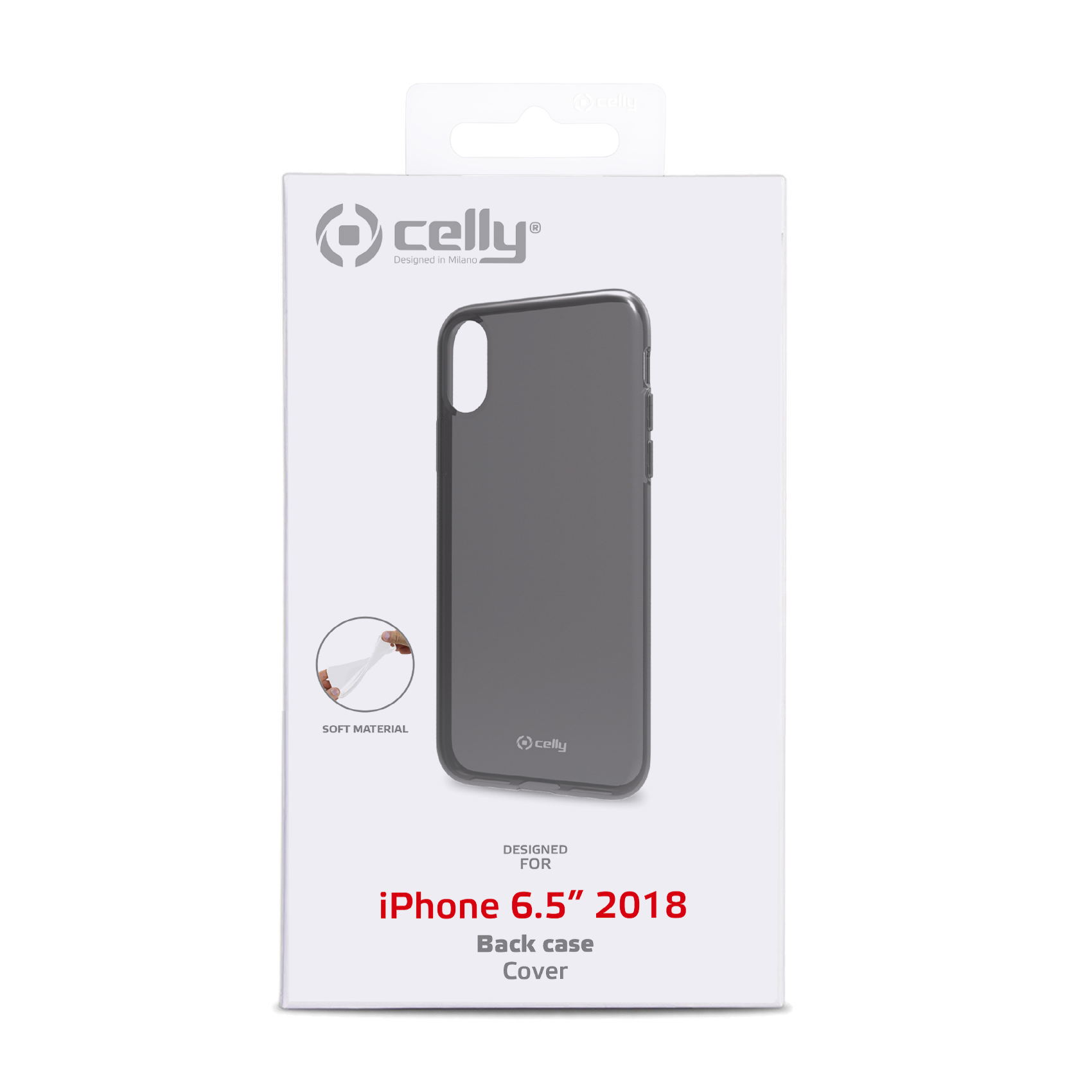 Graue Celly-Rückseite für iPhone 6,5" 2018 auf Verpackung gezeigt.