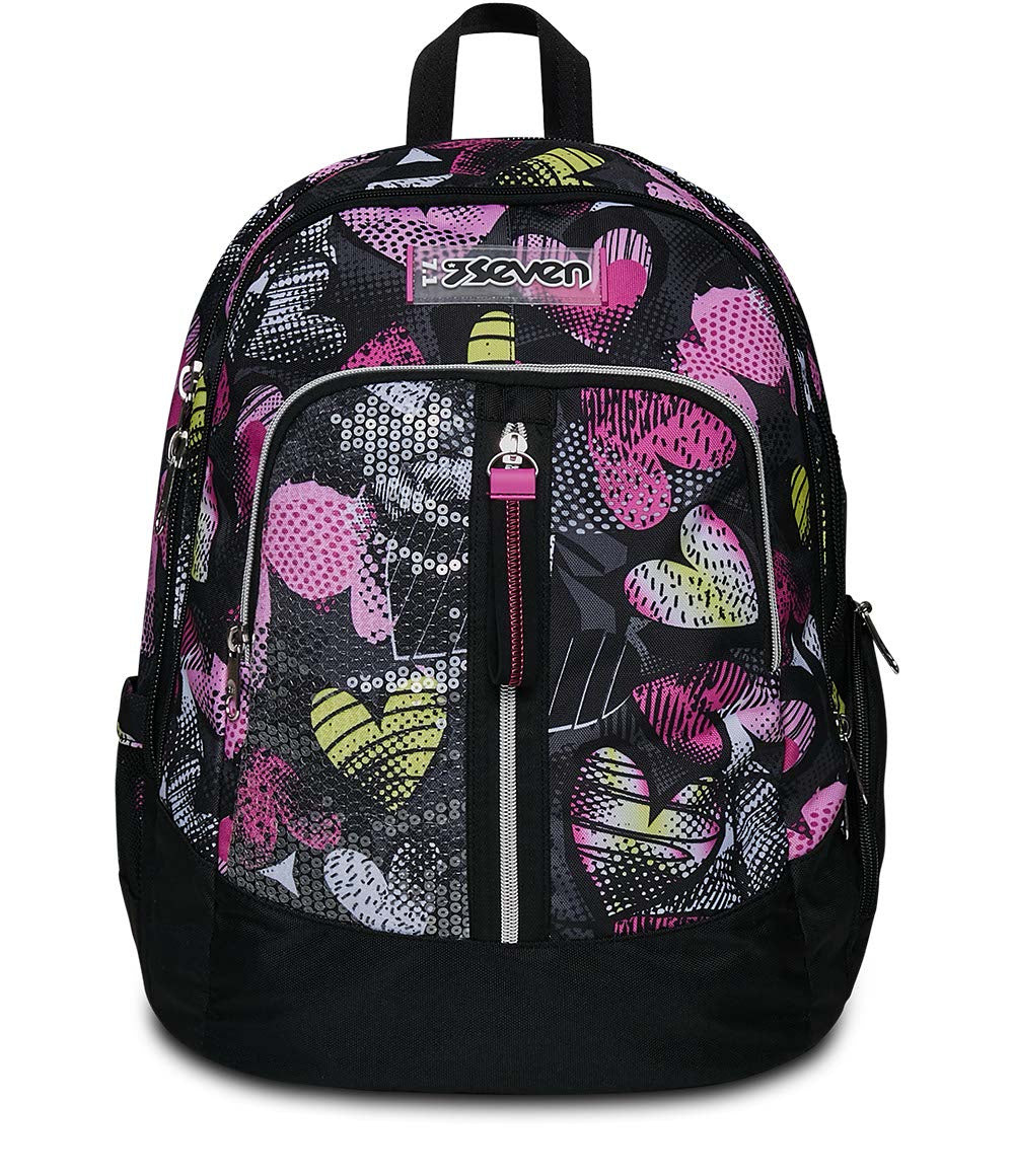 Schwarzer Rucksack mit Herzmuster in Rosa, Gelb und Weiß, glitzernde Akzente.