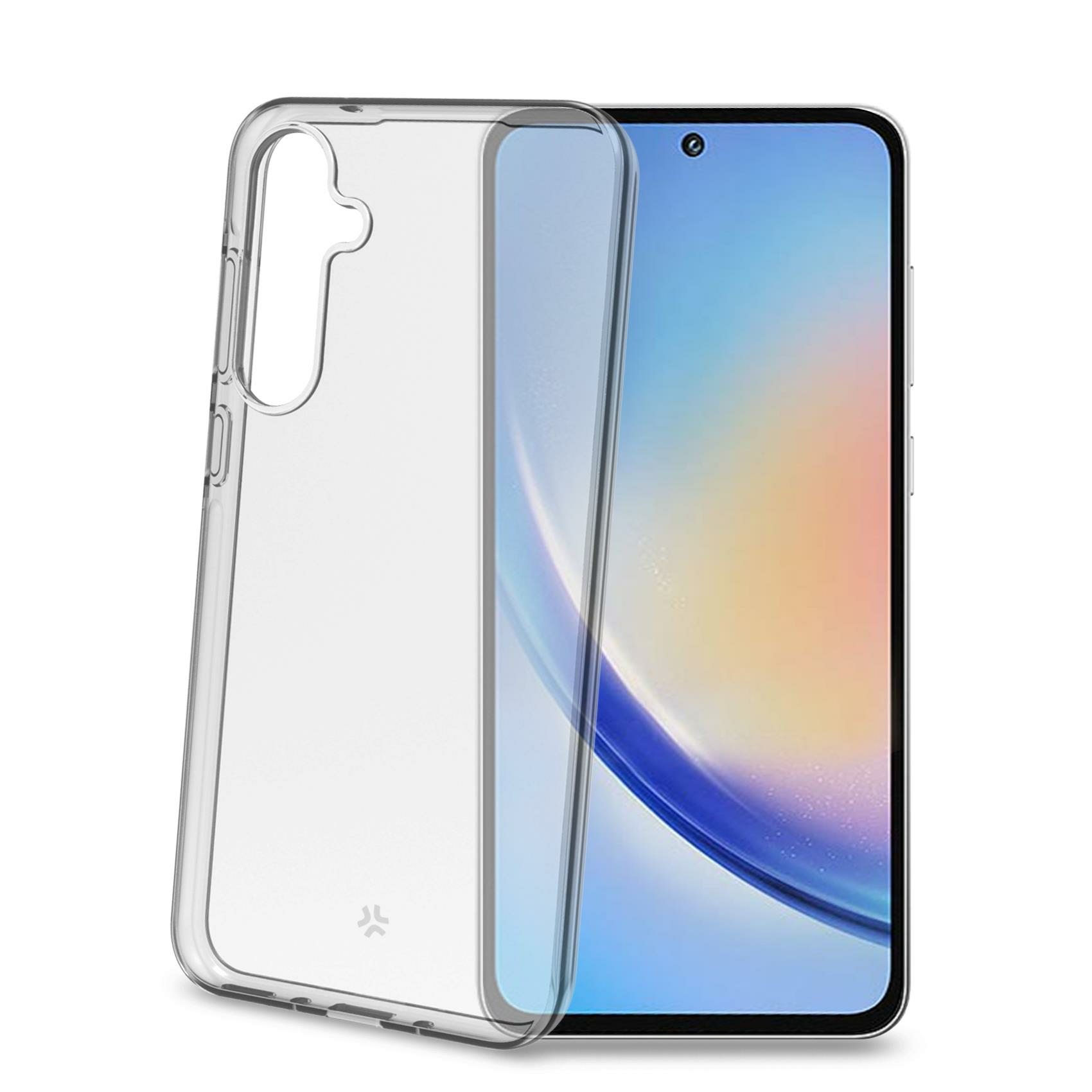 Una cover trasparente accanto a uno smartphone con schermo colorato.