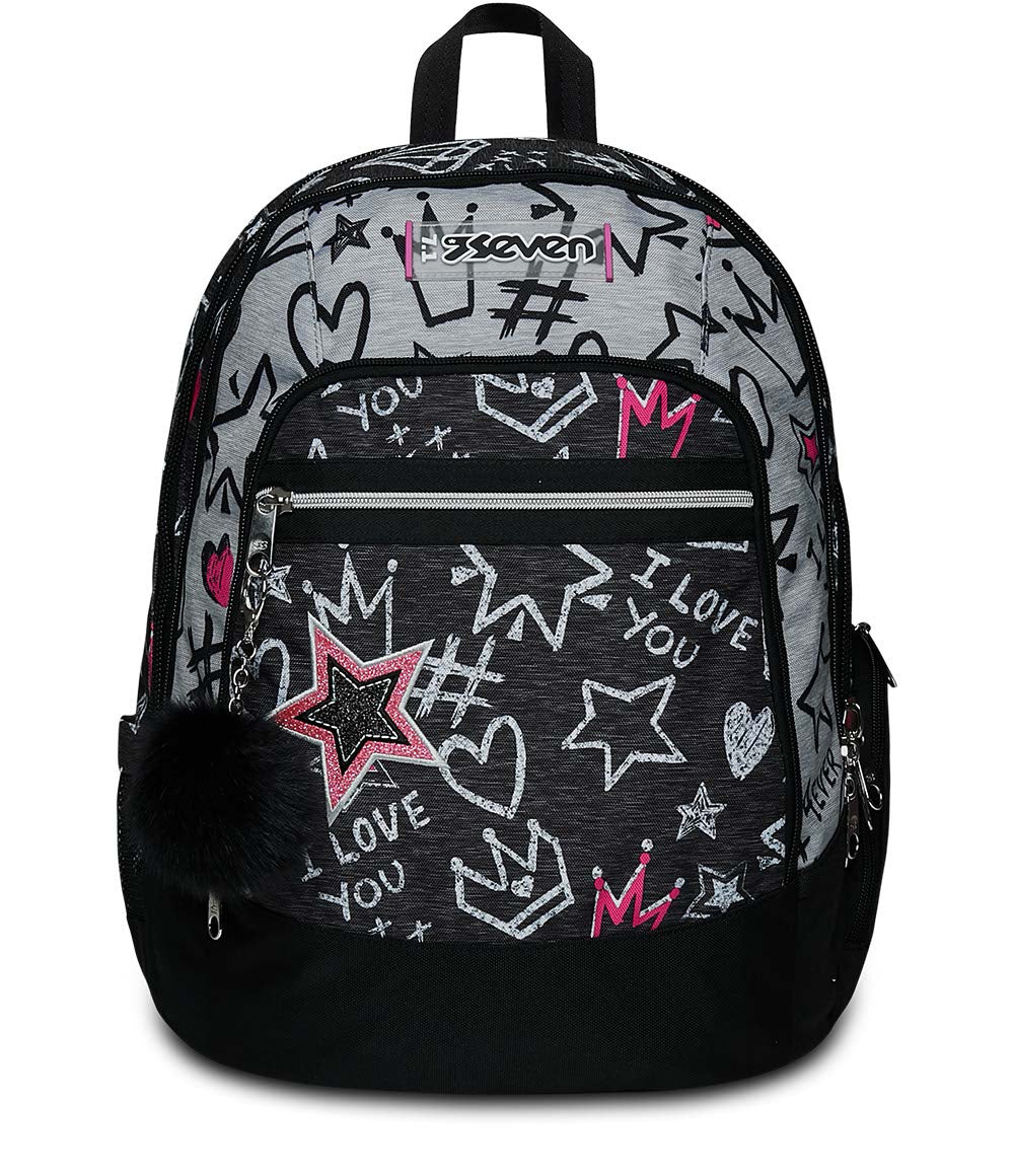 Ein grauer Rucksack mit schwarzen und pinken Graffiti-Zeichnungen von Herzen, Sternen, Kronen und Text.