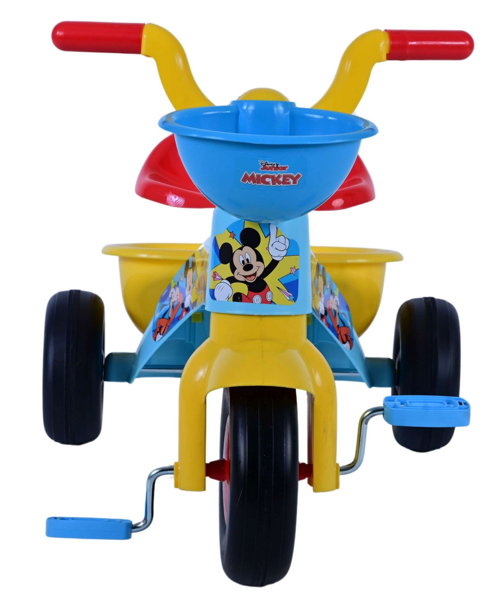 Ein gelbes Dreirad mit Mickey-Motiv, blauen Körben und roten Griffen.