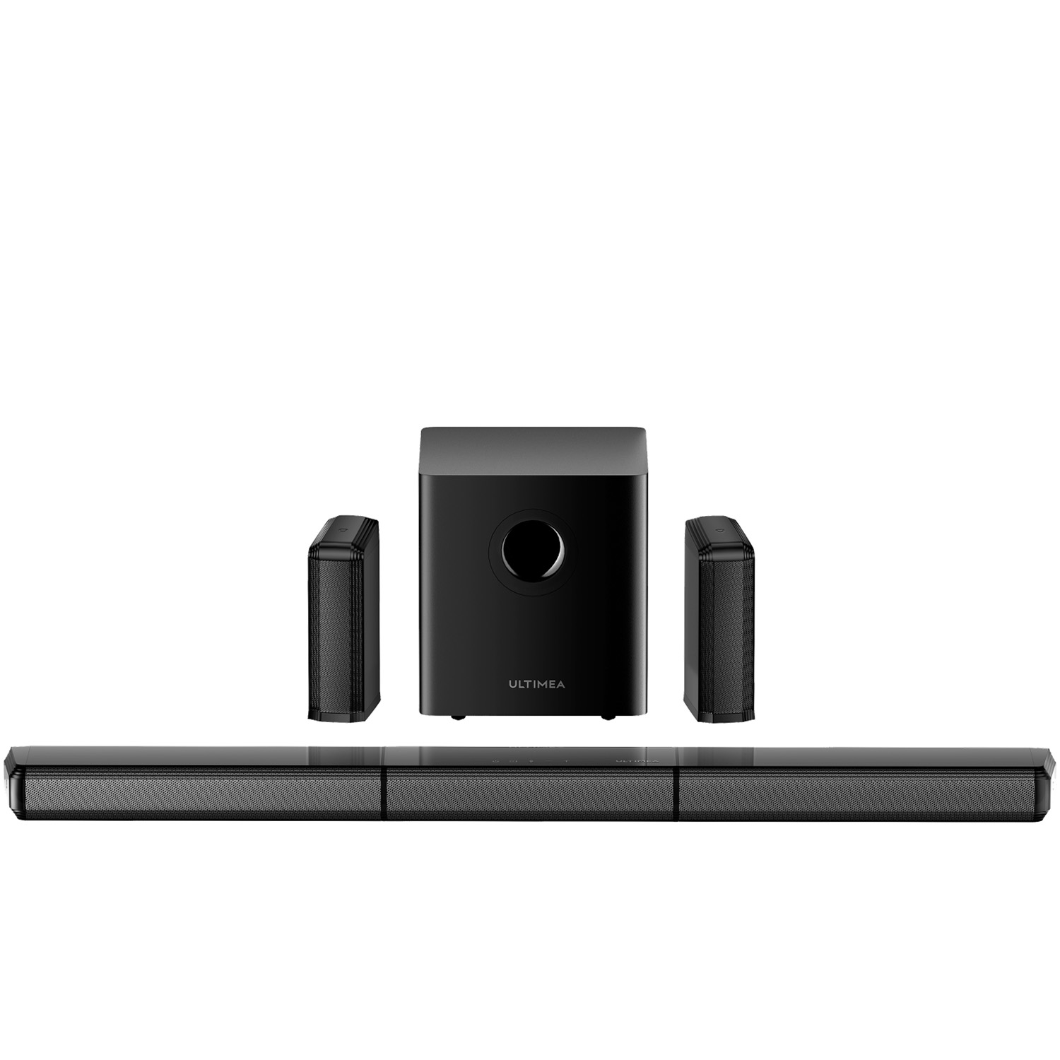 Soundbar nera con subwoofer e due altoparlanti satelliti su sfondo bianco.