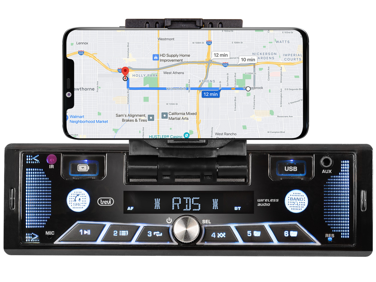 Auto-Stereoanlage mit Handyhalterung zeigt Navigations-App. Blaue Lichter am Stereo.