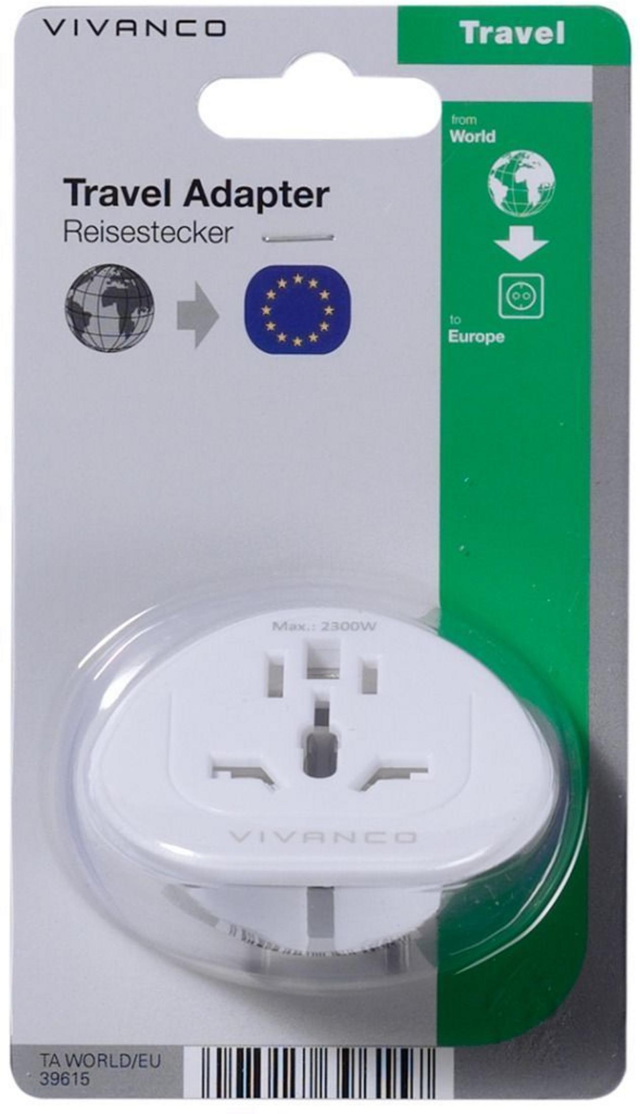 Ein weißer Reiseadapter von Vivanco für die EU mit Symbolen für Welt und Europa.