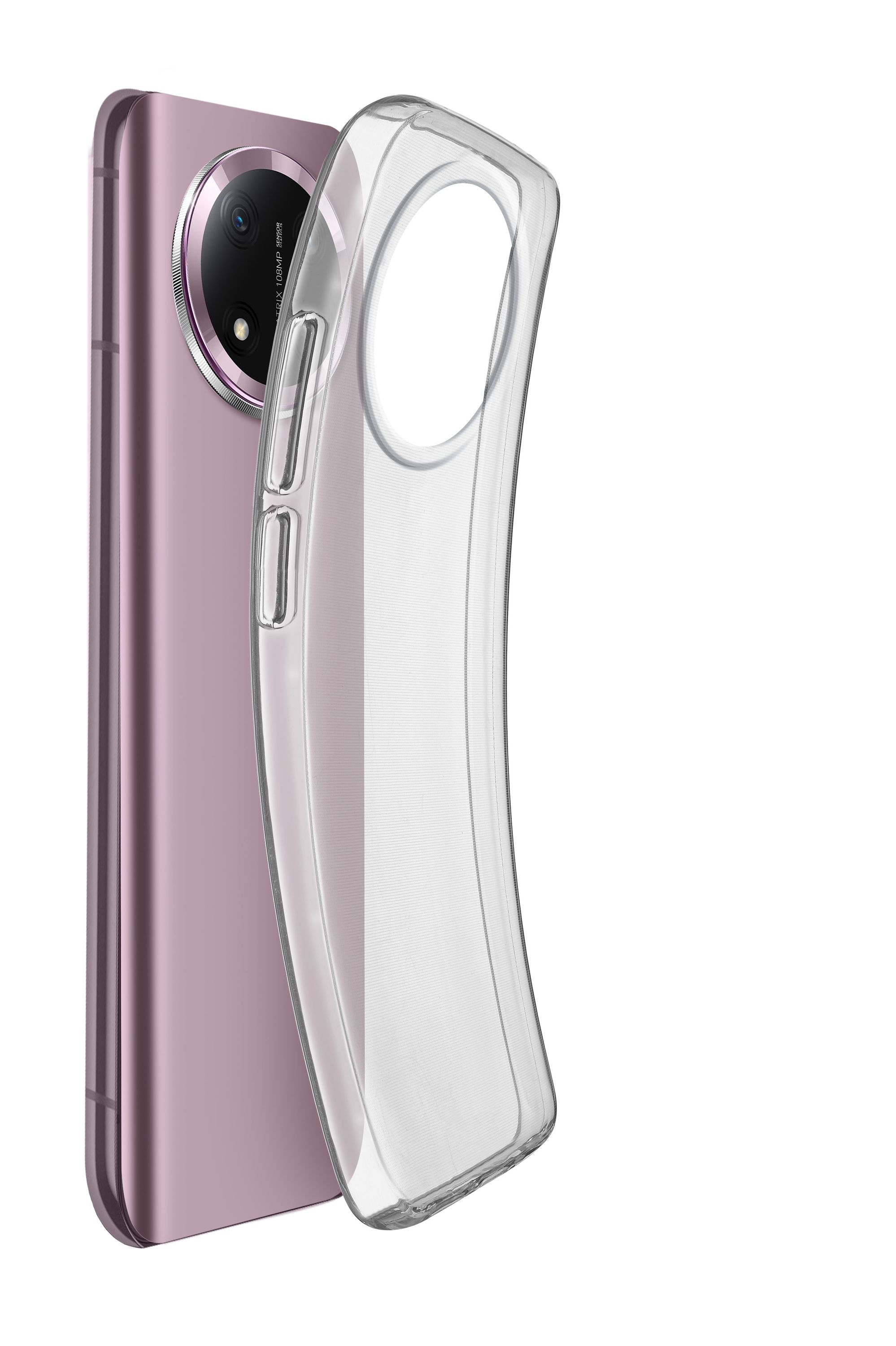 Una custodia trasparente per telefono accanto a uno smartphone rosa con fotocamera.