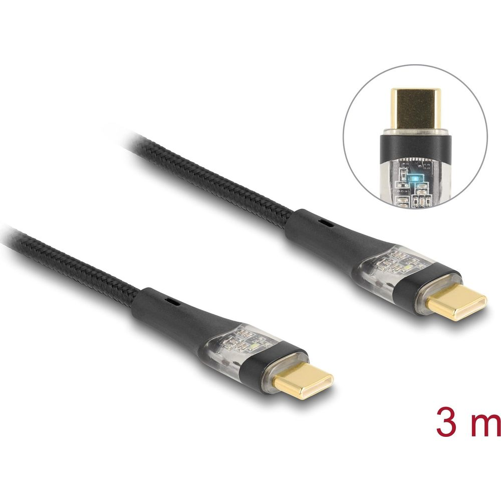 Schwarzes USB-C-Kabel mit 3 m Länge und transparenten Endstücken mit LEDs.