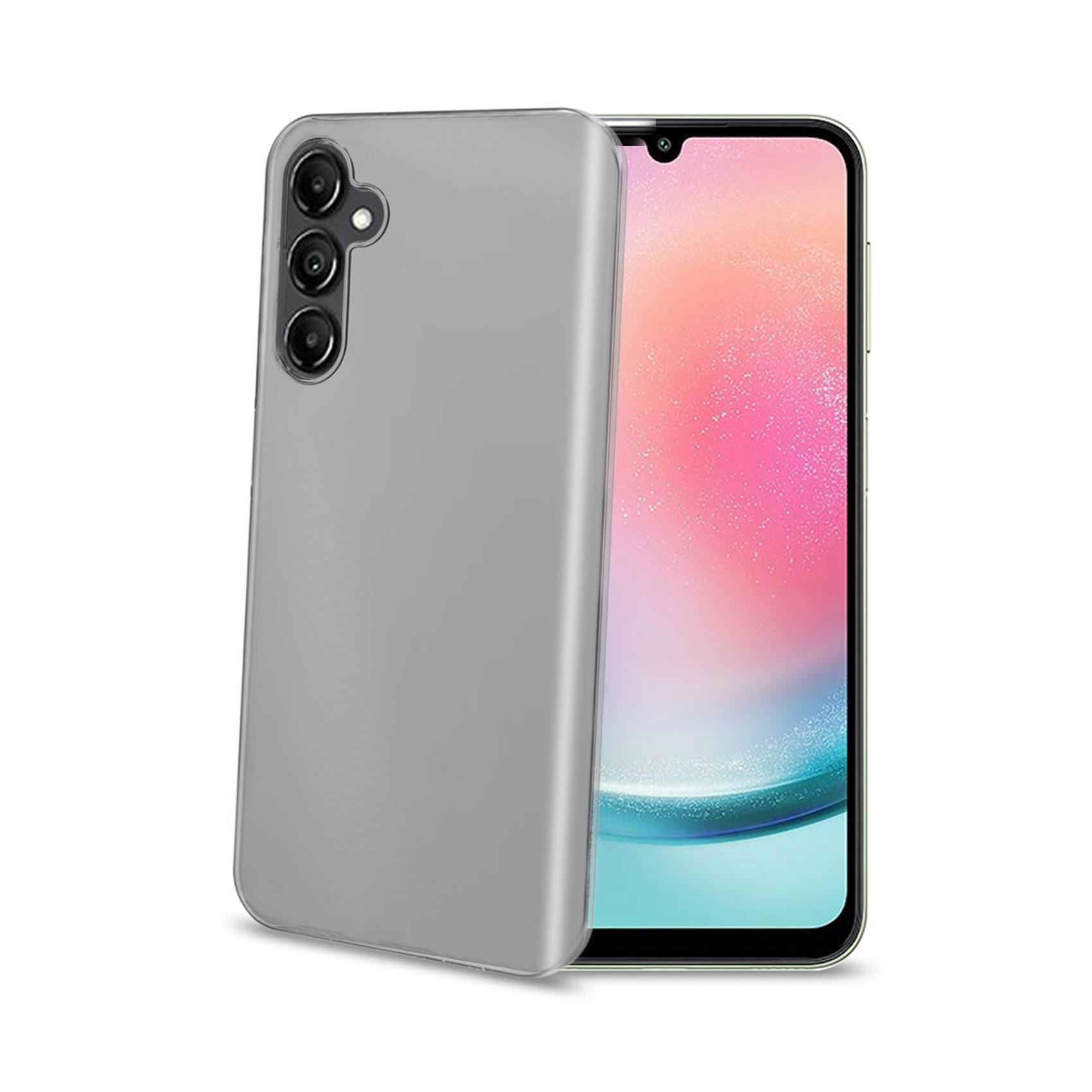Graue Handyhülle neben einem Smartphone mit buntem Bildschirm.