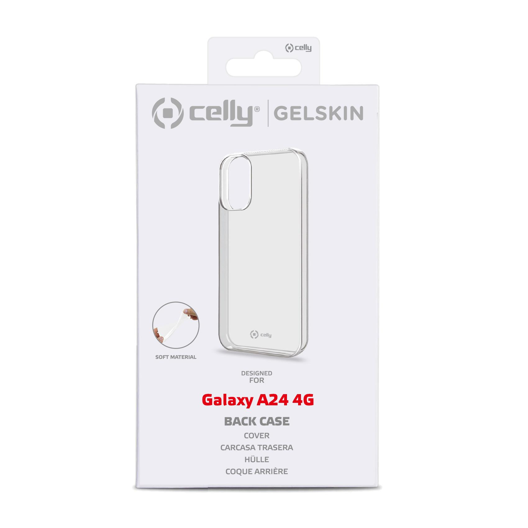 Verpackung für eine transparente Handyhülle für Galaxy A24 4G.