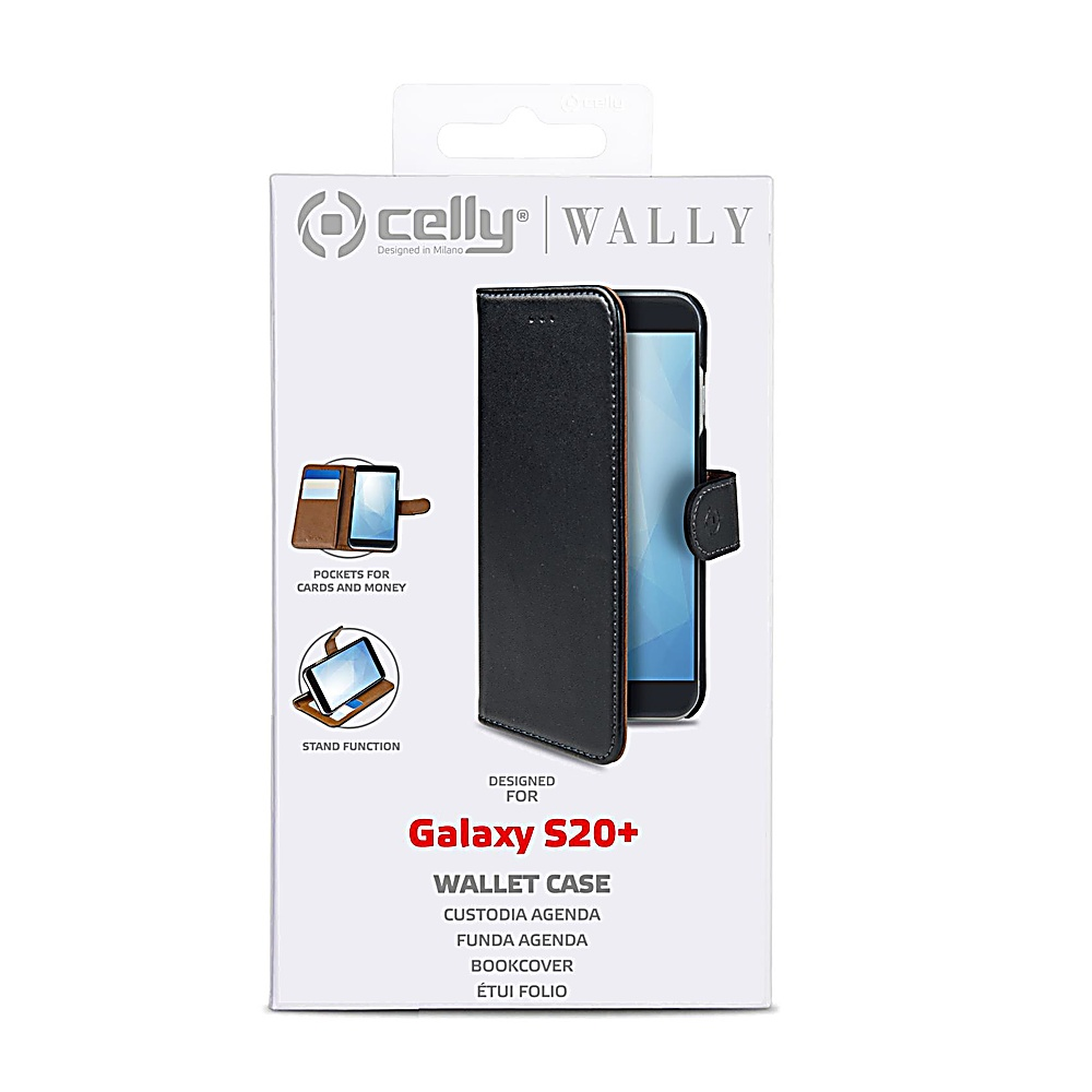 Schwarzes Wallet-Case für Galaxy S20+ mit Kartenfächern und Standfunktion.