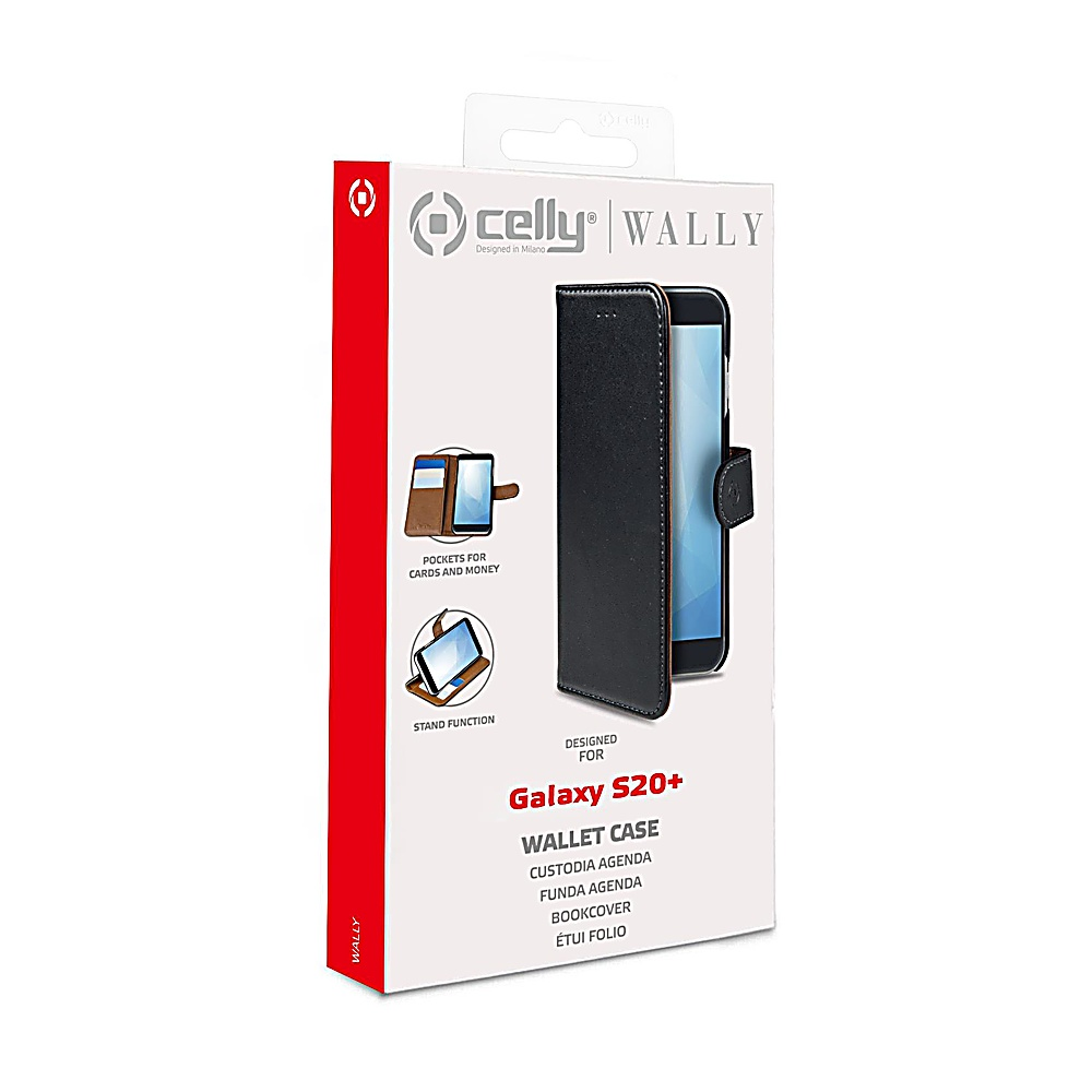 Verpackung für eine schwarze Galaxy S20+ Handyhülle mit Kartenfächern.