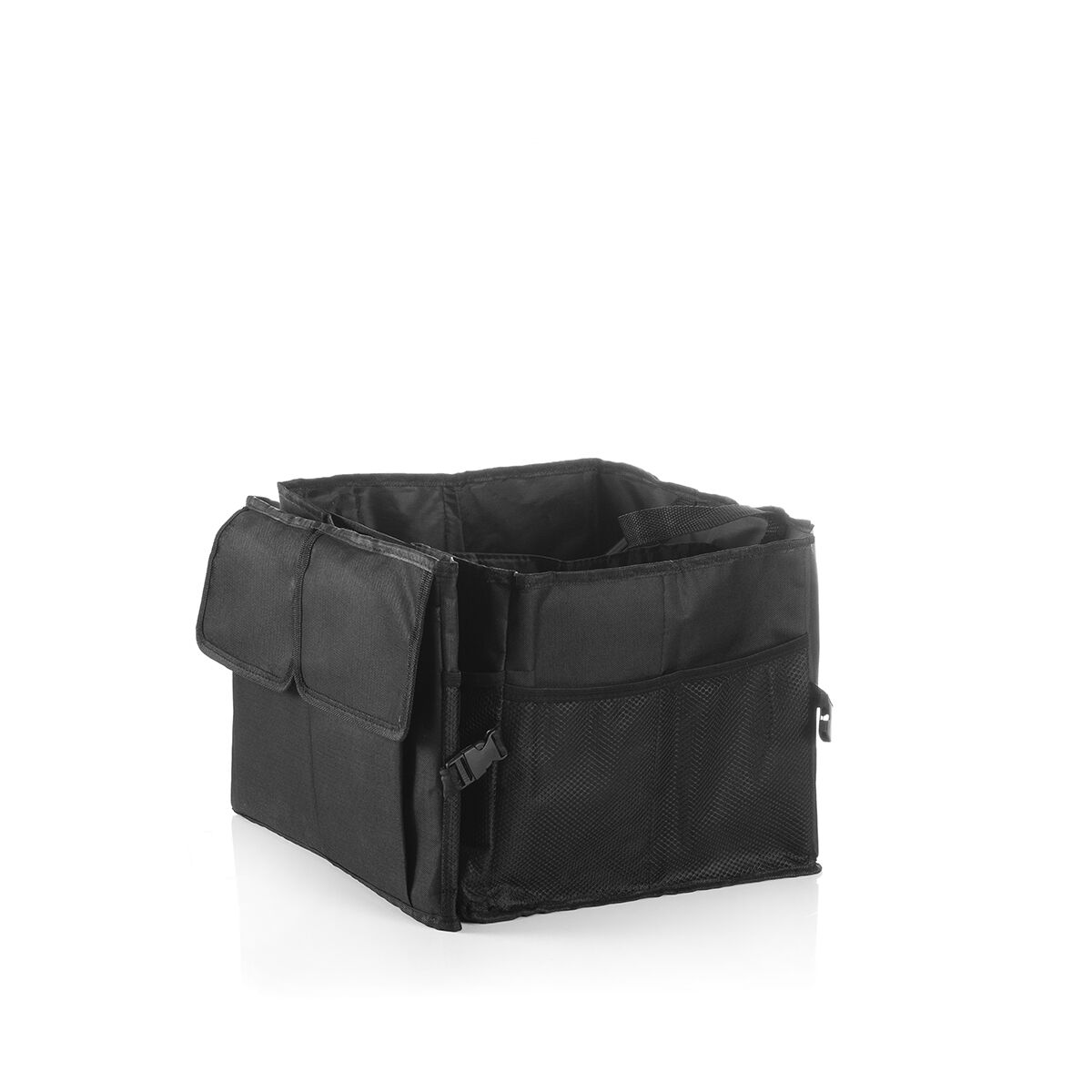Ein schwarzer faltbarer Auto-Organizer mit mehreren Fächern und Taschen.